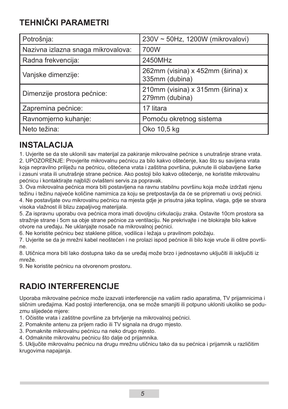 Tehnički parametri, Instalacija, Radio interferencije | AMICA MW 13150 W DE User Manual | Page 101 / 132