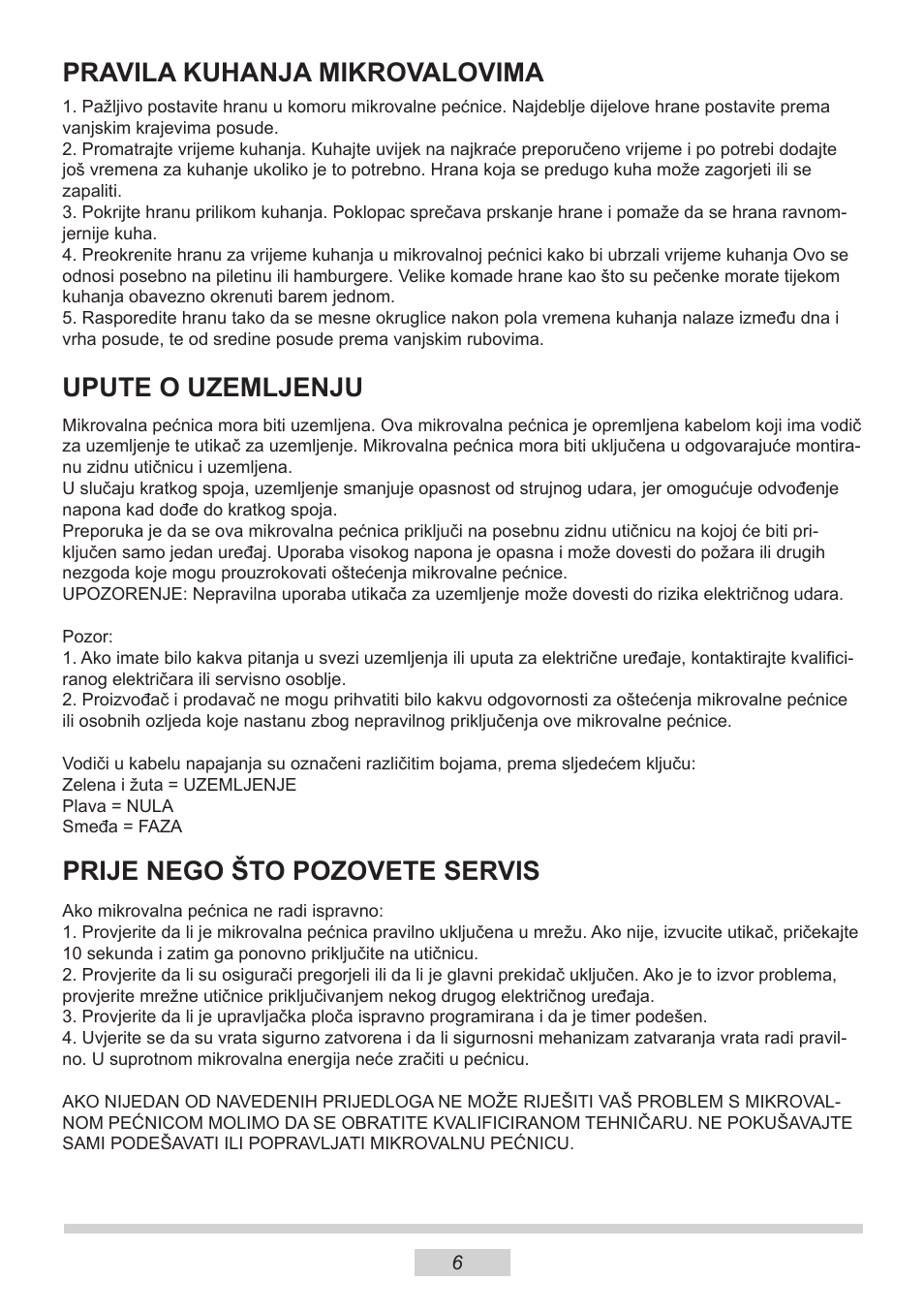 Pravila kuhanja mikrovalovima, Upute o uzemljenju, Prije nego što pozovete servis | AMICA MW 13150 W DE User Manual | Page 102 / 132