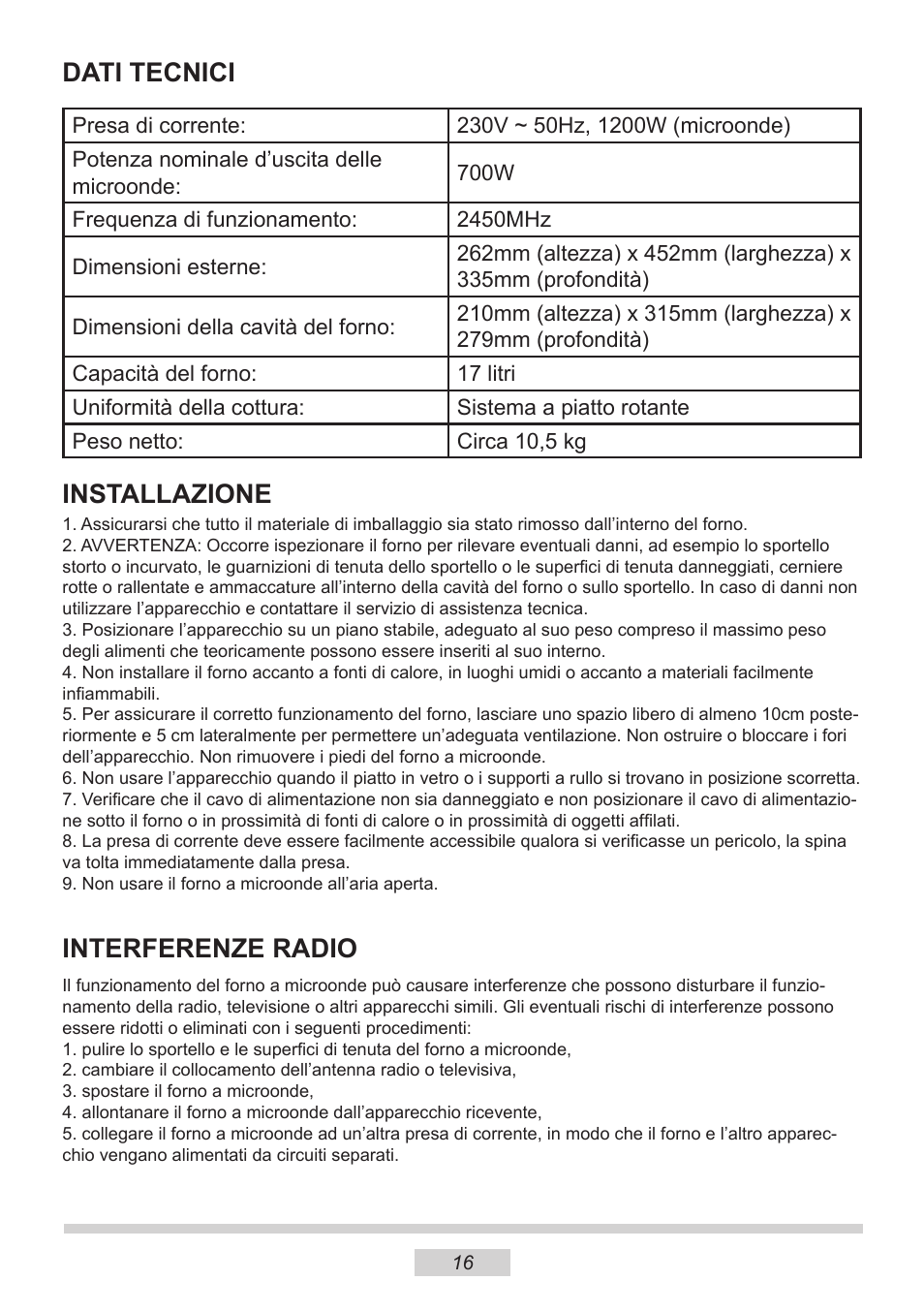 Dati tecnici, Installazione, Interferenze radio | AMICA MW 13150 W DE User Manual | Page 112 / 132