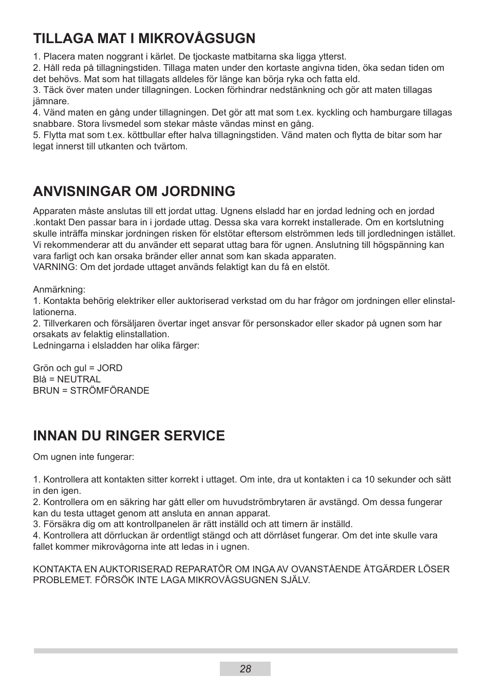 Tillaga mat i mikrovågsugn, Anvisningar om jordning, Innan du ringer service | AMICA MW 13150 W DE User Manual | Page 124 / 132