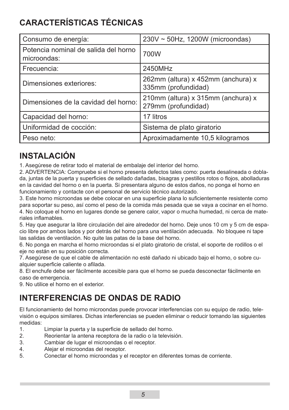 Características técnicas, Instalación, Interferencias de ondas de radio | AMICA MW 13150 W DE User Manual | Page 65 / 132