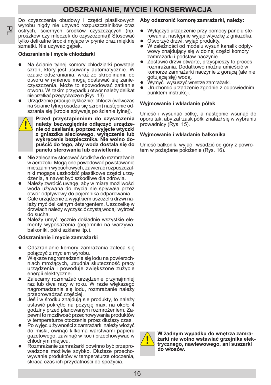 Odszranianie, mycie i konserwacja | AMICA EVKS 16404 DE User Manual | Page 16 / 84