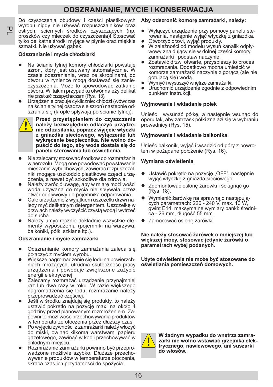 Odszranianie, mycie i konserwacja | AMICA EKS 16181 DE User Manual | Page 16 / 92