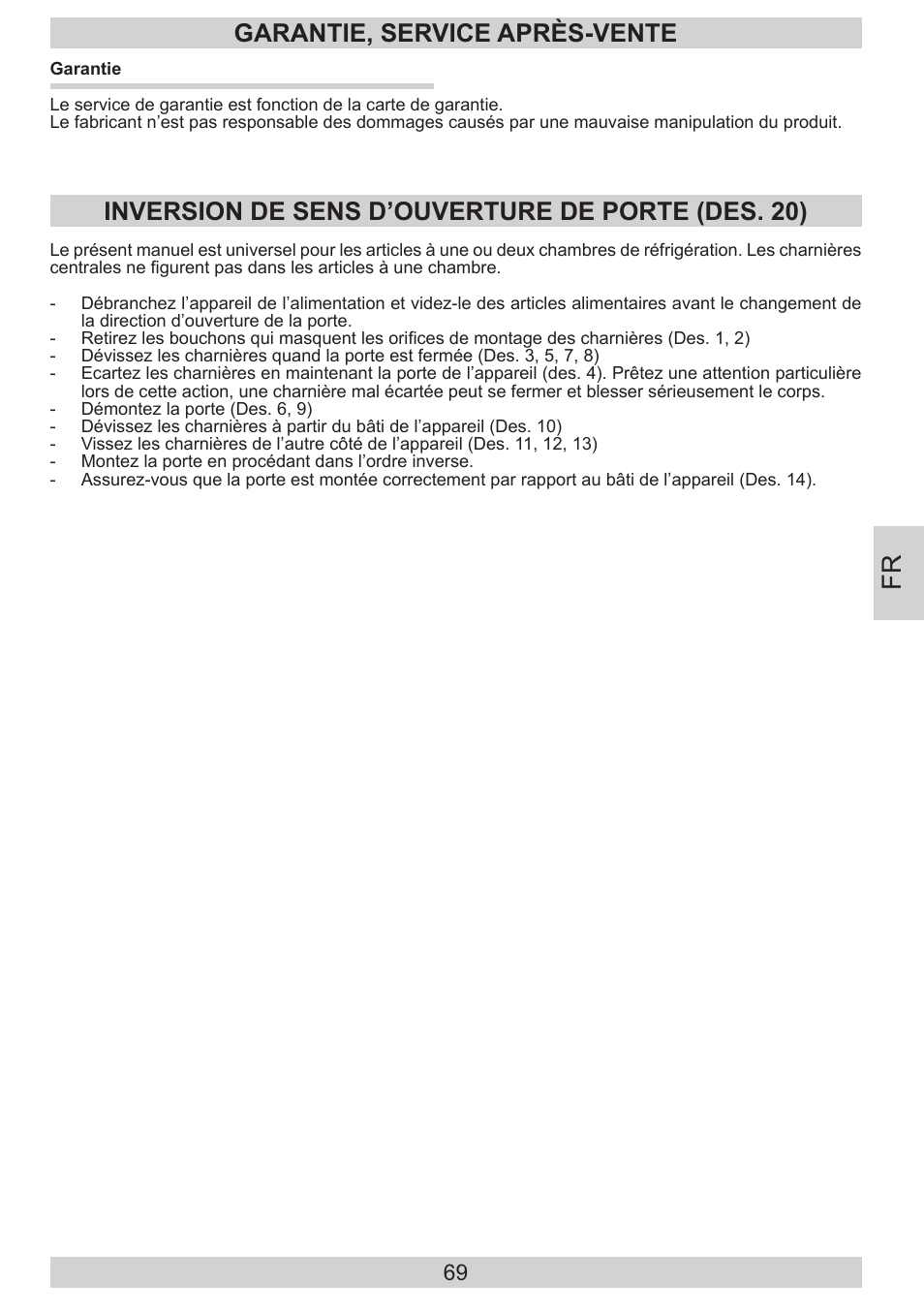 Garantie, service après-vente, Inversion de sens d’ouverture de porte (des. 20) | AMICA EKS 16181 DE User Manual | Page 69 / 92