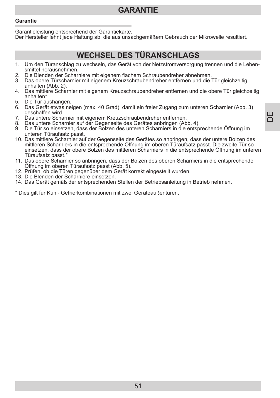 Garantie, Wechsel des türanschlags | AMICA EKS 16171 DE User Manual | Page 51 / 96