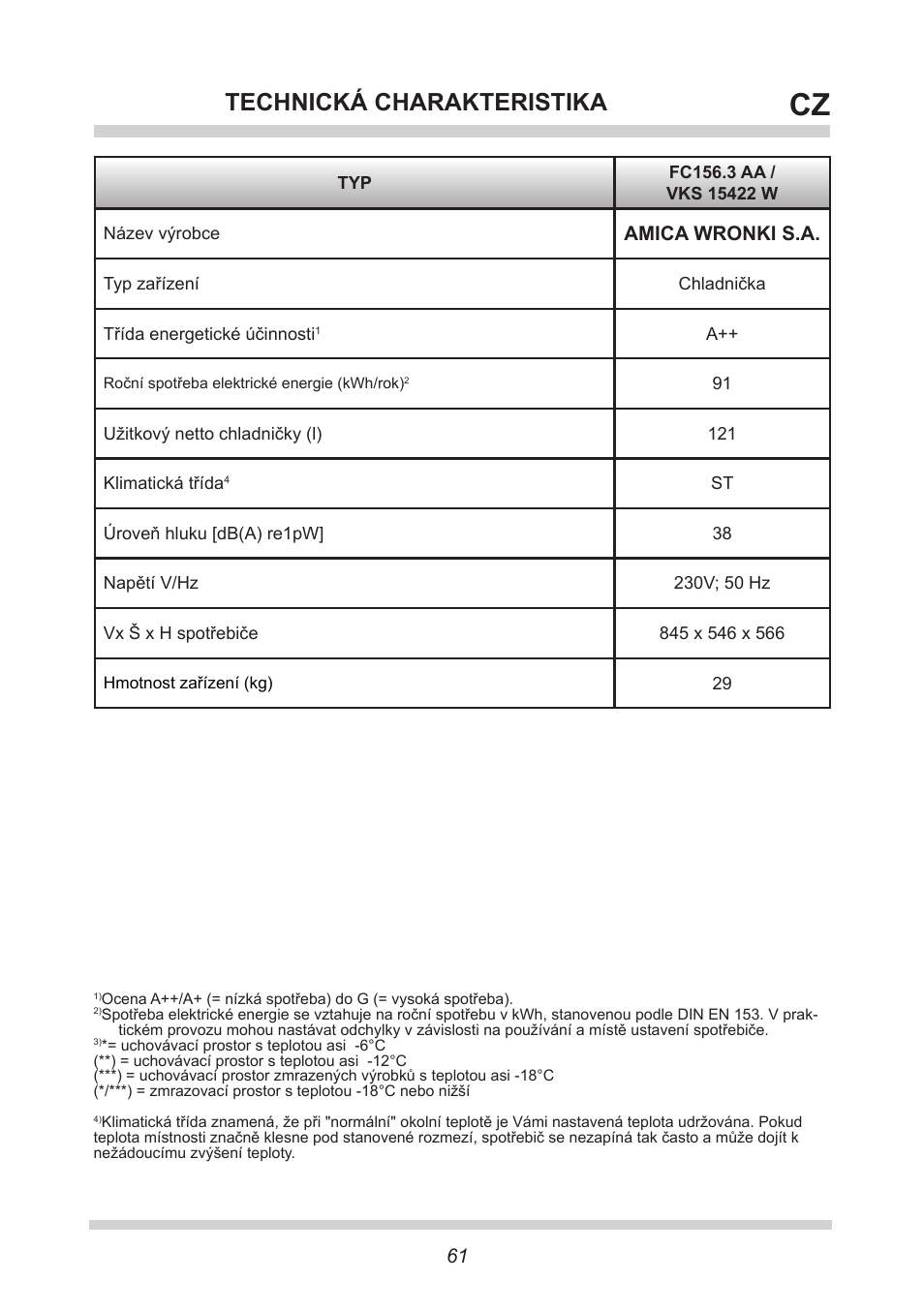 Technická charakteristika, Amica wronki s.a | AMICA VKS 15422 W DE User Manual | Page 61 / 64