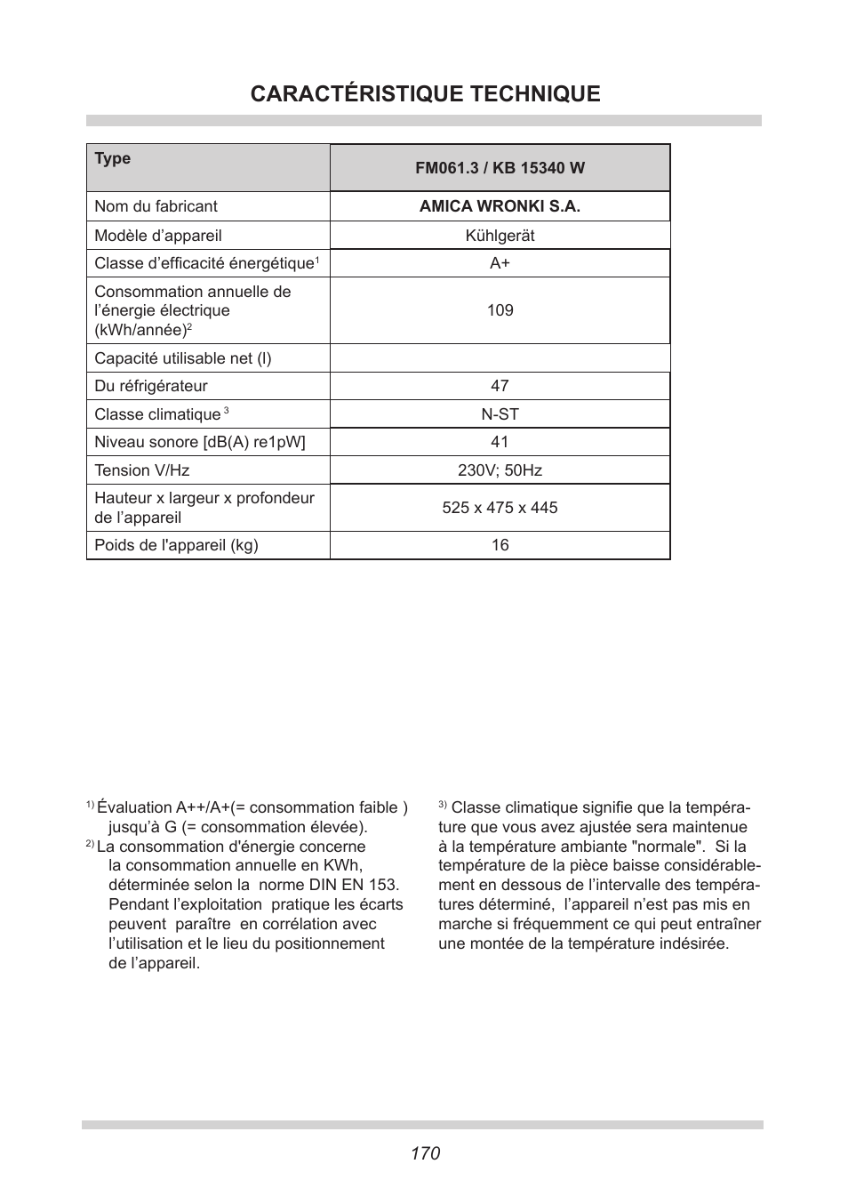 Caractéristique technique | AMICA KB 15340 W DE User Manual | Page 170 / 192