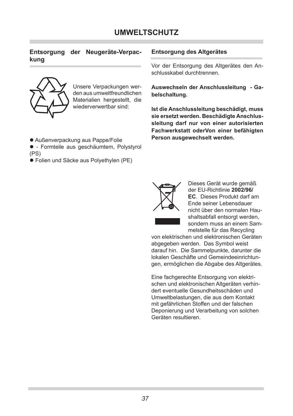 Umweltschutz | AMICA KB 15340 W DE User Manual | Page 37 / 192