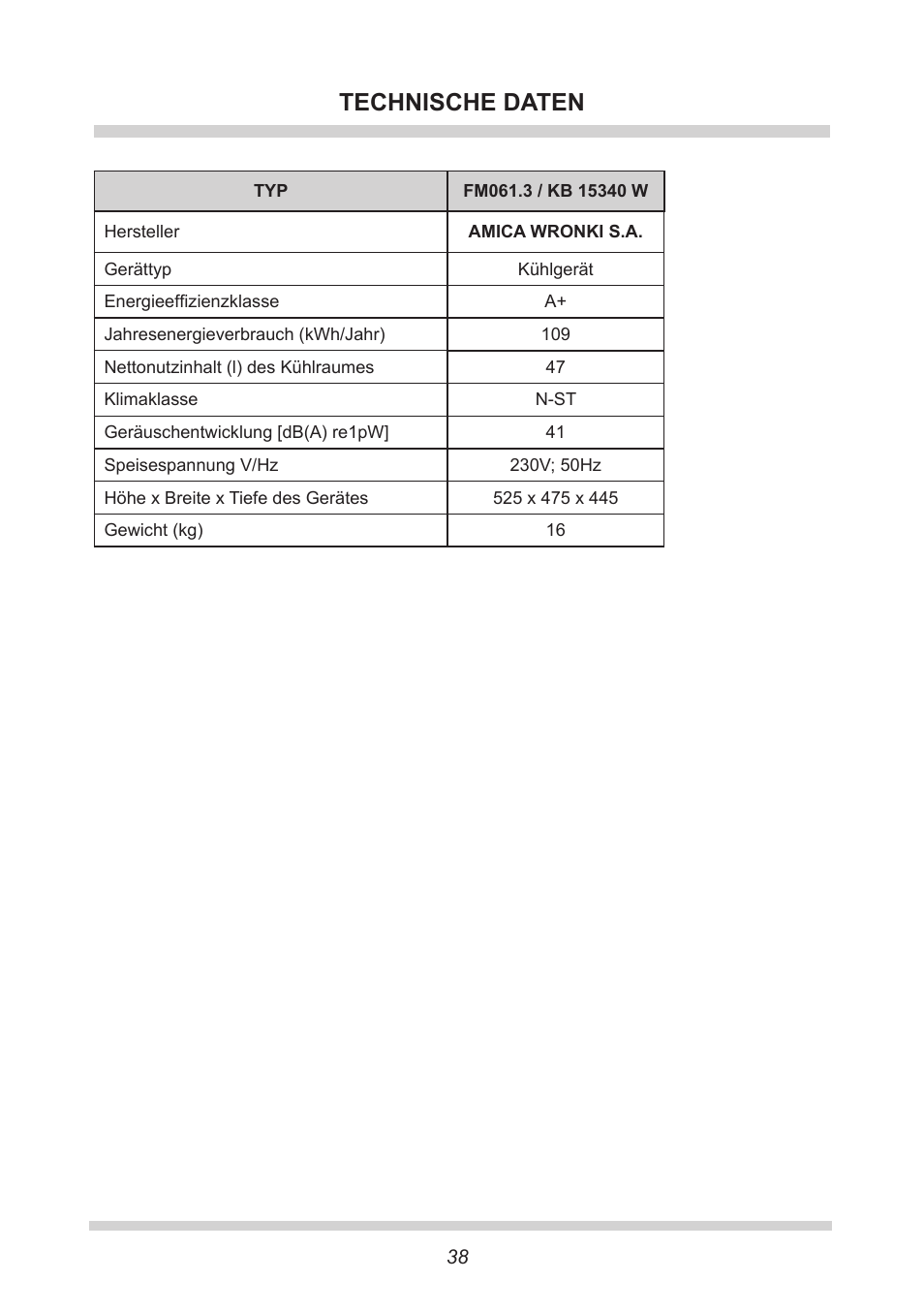 Technische daten | AMICA KB 15340 W DE User Manual | Page 38 / 192