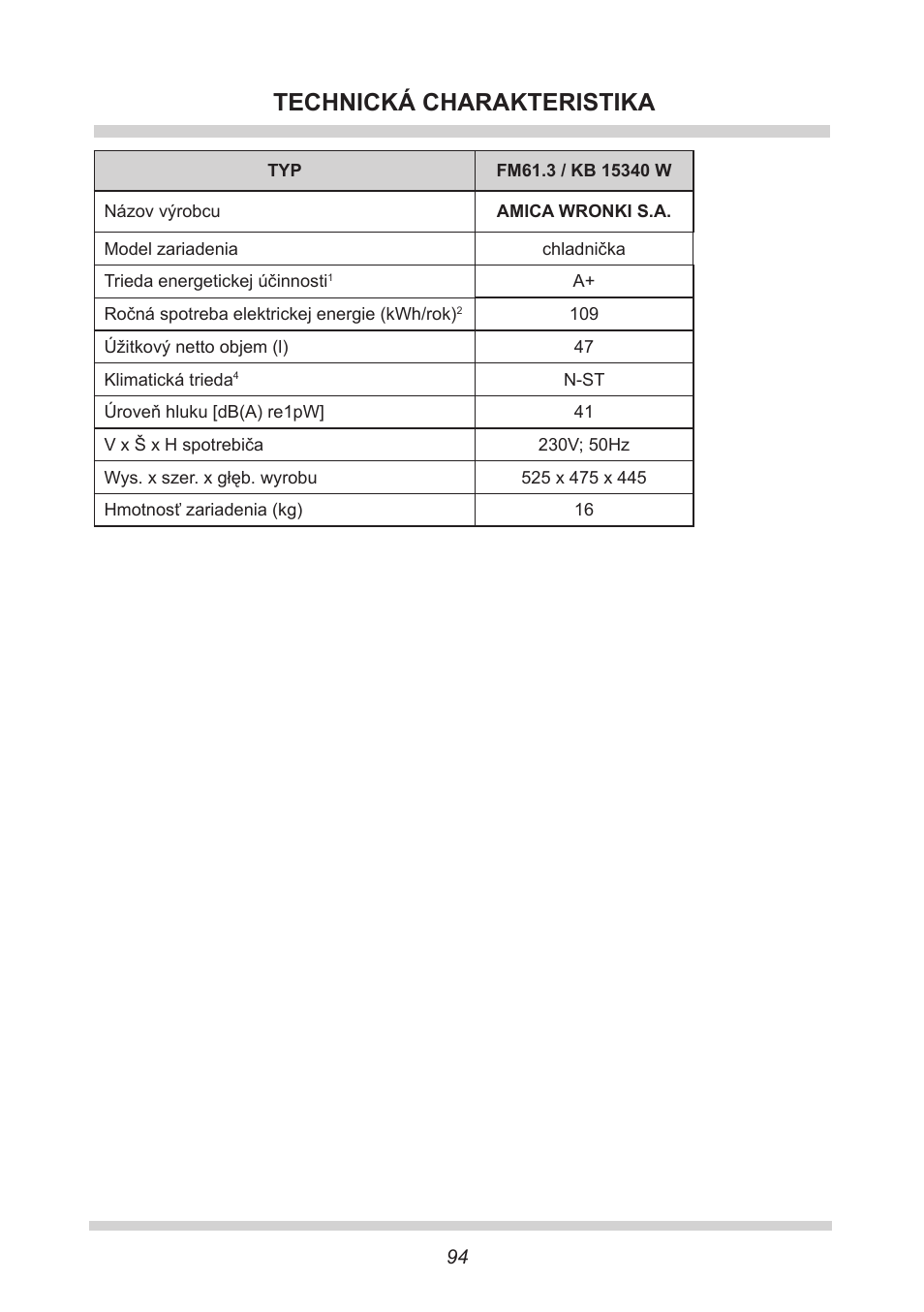 Technická charakteristika | AMICA KB 15340 W DE User Manual | Page 94 / 192