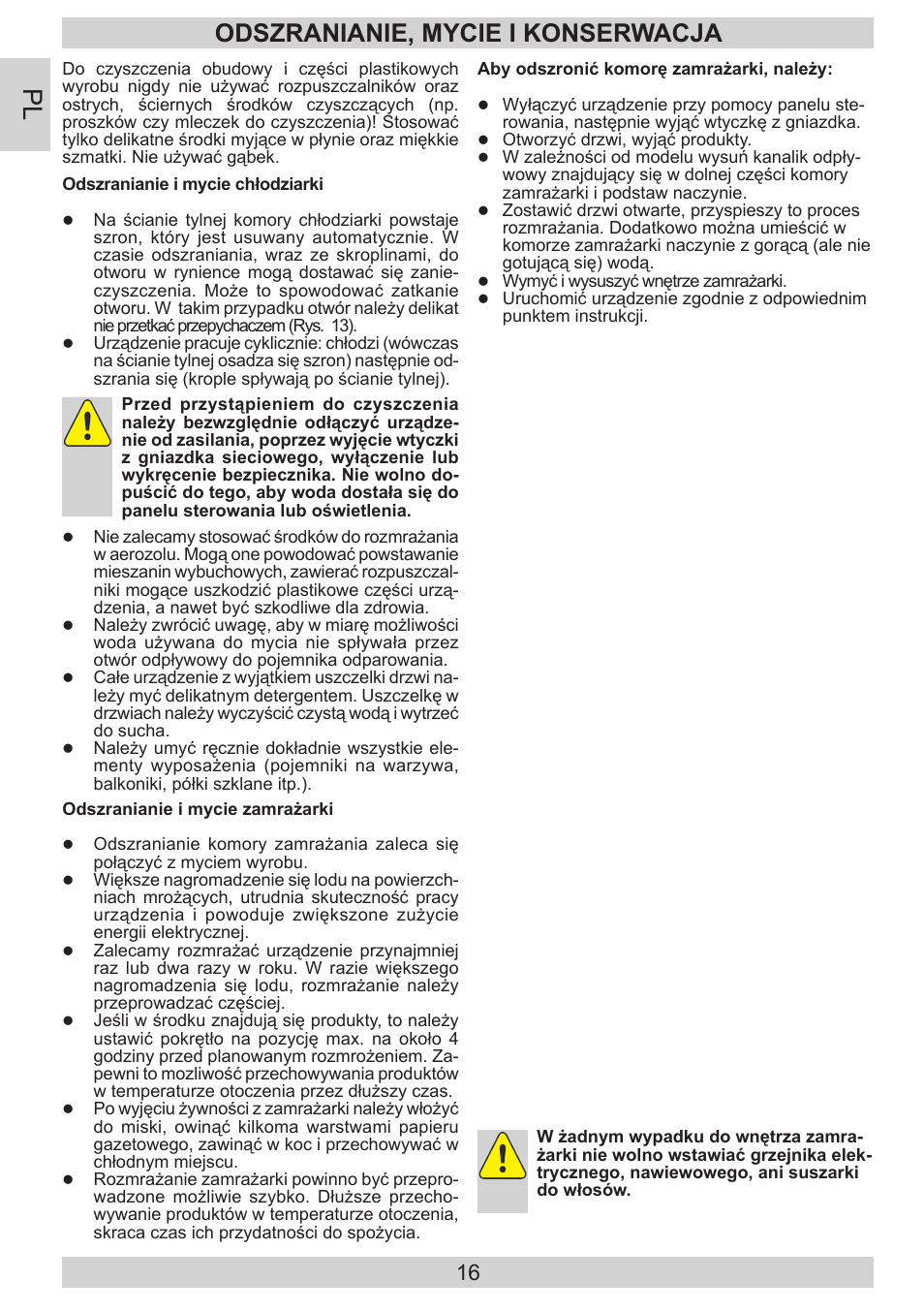 Odszranianie, mycie i konserwacja | AMICA EGS 16173 DE User Manual | Page 16 / 92
