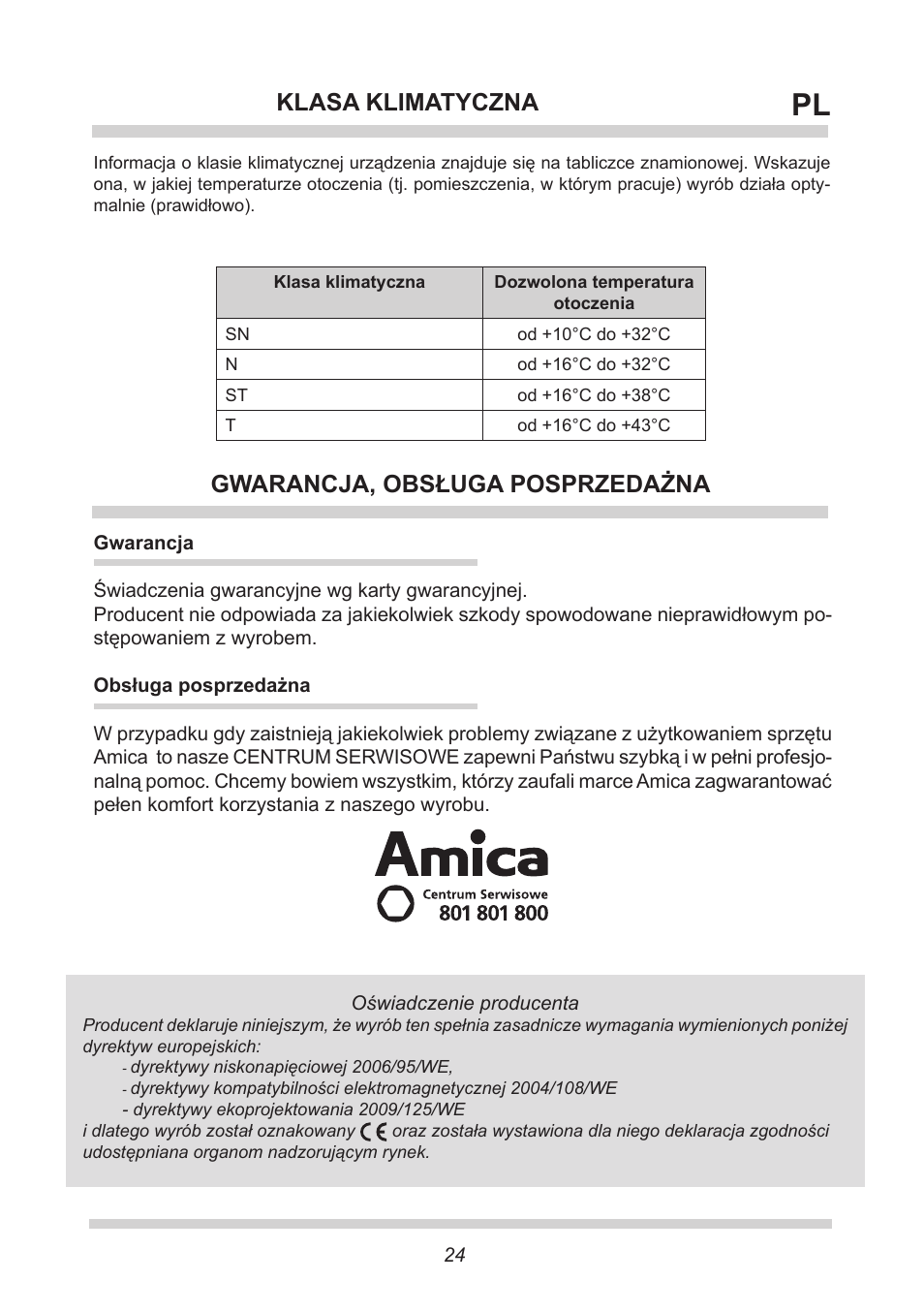 Klasa klimatyczna, Gwarancja, obsługa posprzedażna | AMICA GS 15424 W DE User Manual | Page 24 / 60