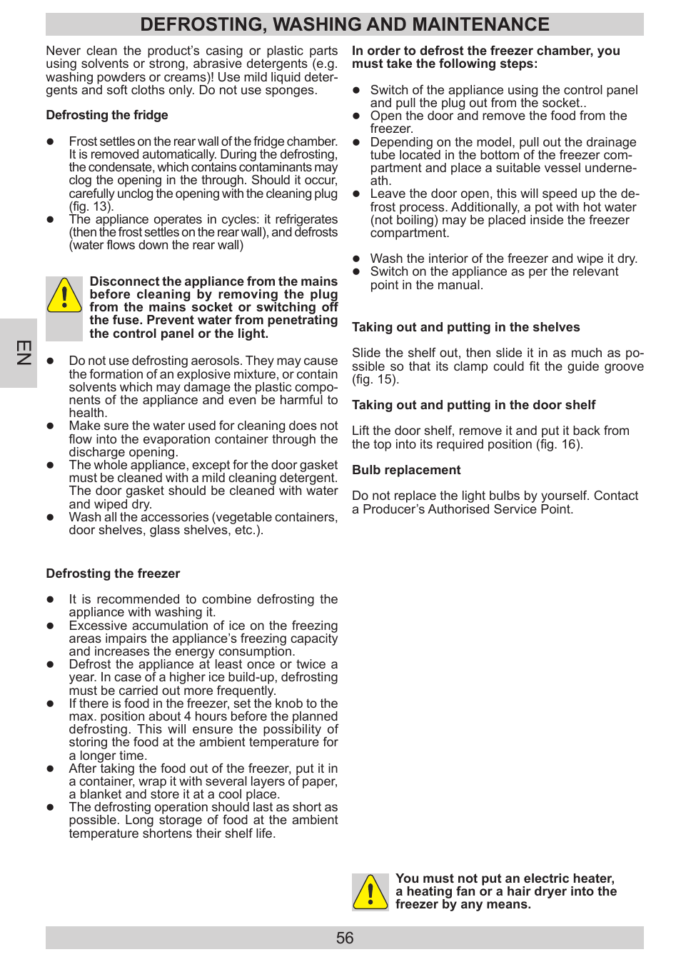 Defrosting, washing and maintenance | AMICA EKGC 16186 DE User Manual | Page 56 / 92