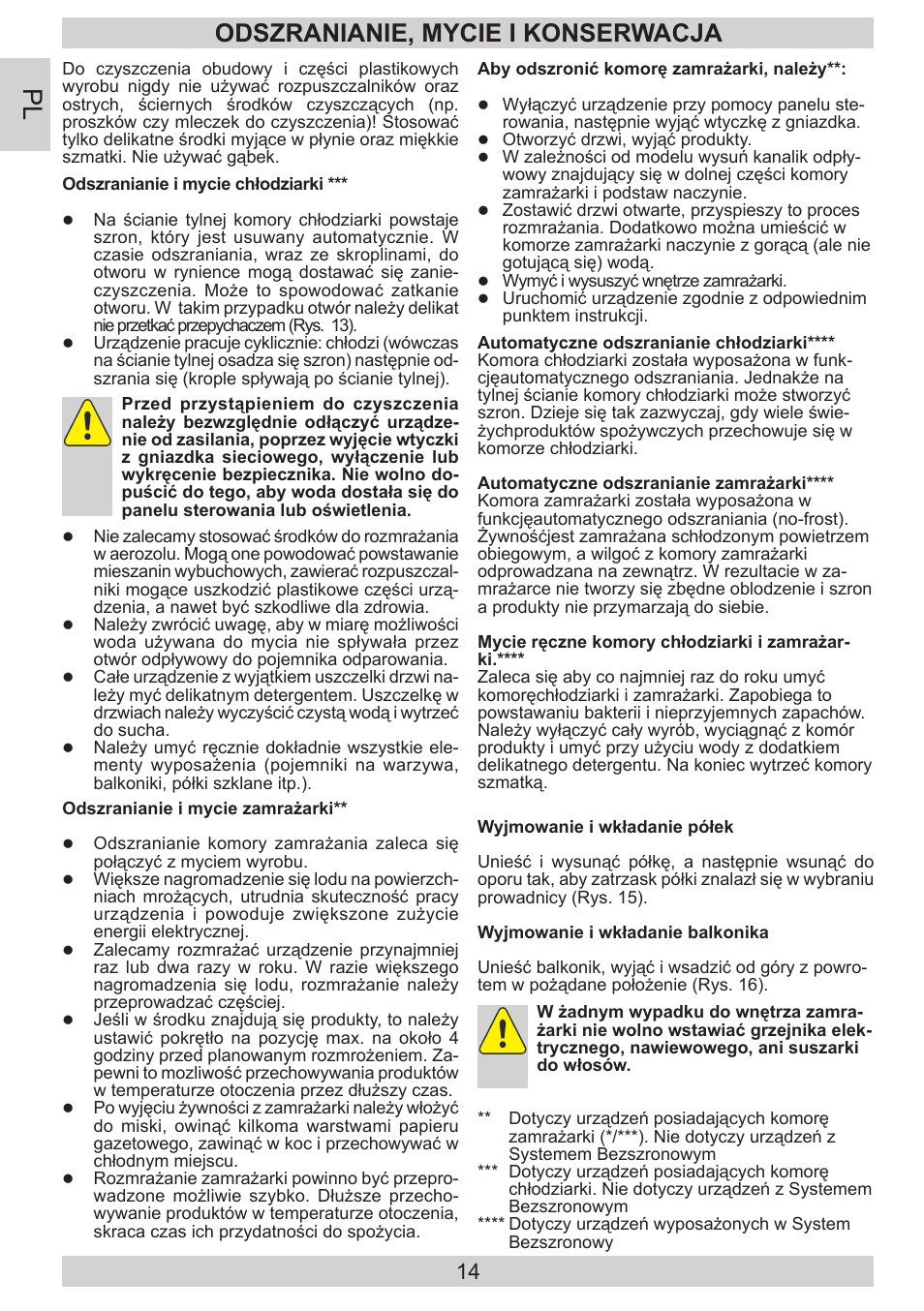 Odszranianie, mycie i konserwacja | AMICA FD228.3AA User Manual | Page 14 / 72