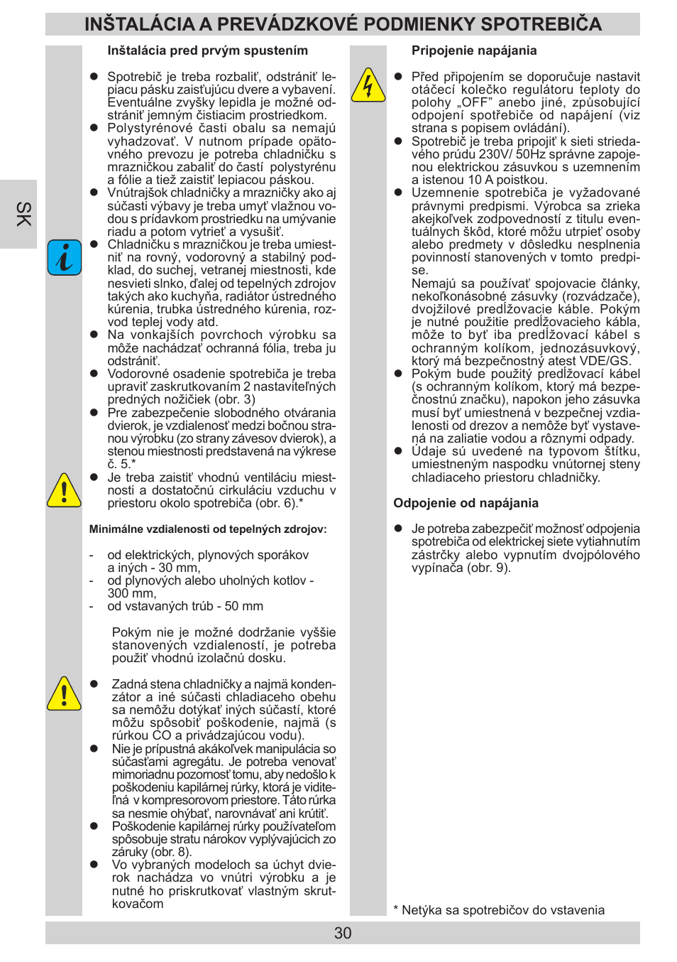 Inštalácia a prevádzkové podmienky spotrebiča | AMICA FD228.3AA User Manual | Page 30 / 72