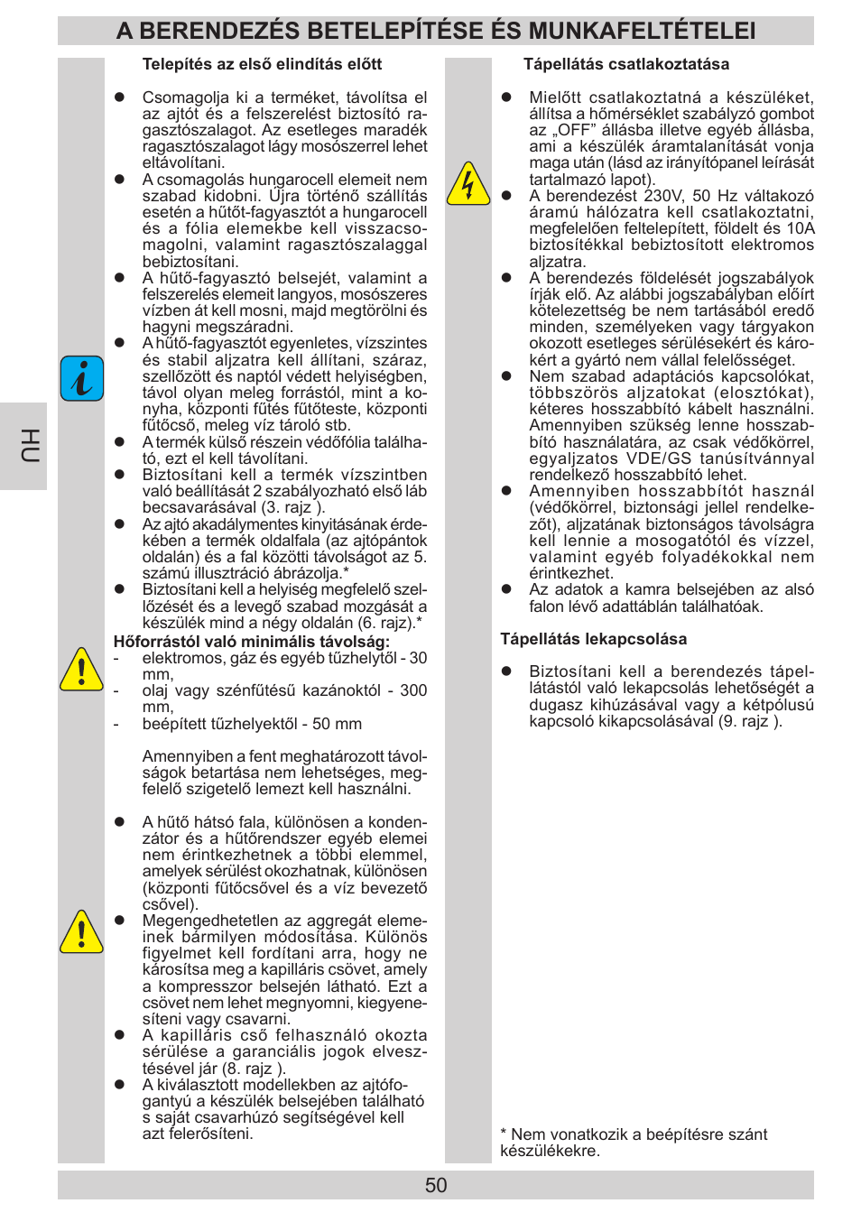 A berendezés betelepítése és munkafeltételei | AMICA FD228.3AA User Manual | Page 50 / 72