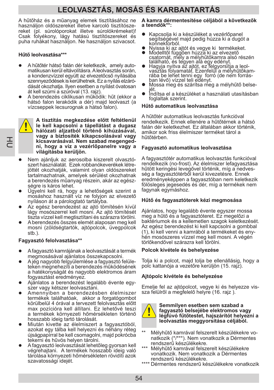 Leolvasztás, mosás és karbantartás | AMICA FD228.3AA User Manual | Page 54 / 72