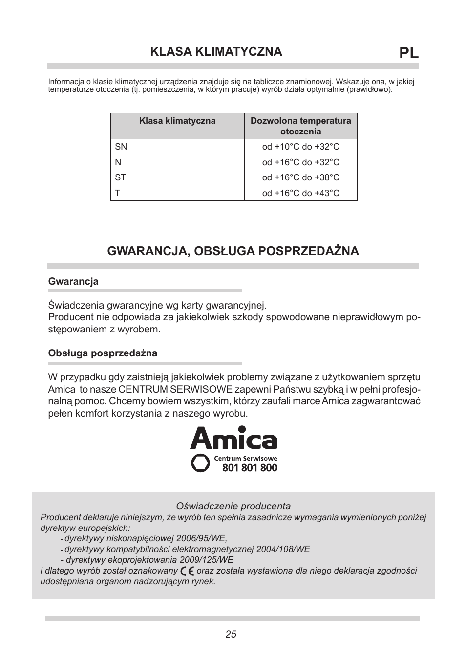 Gwarancja, obsługa posprzedażna, Klasa klimatyczna | AMICA BK313.3 AA / EKGC 16177 User Manual | Page 25 / 72