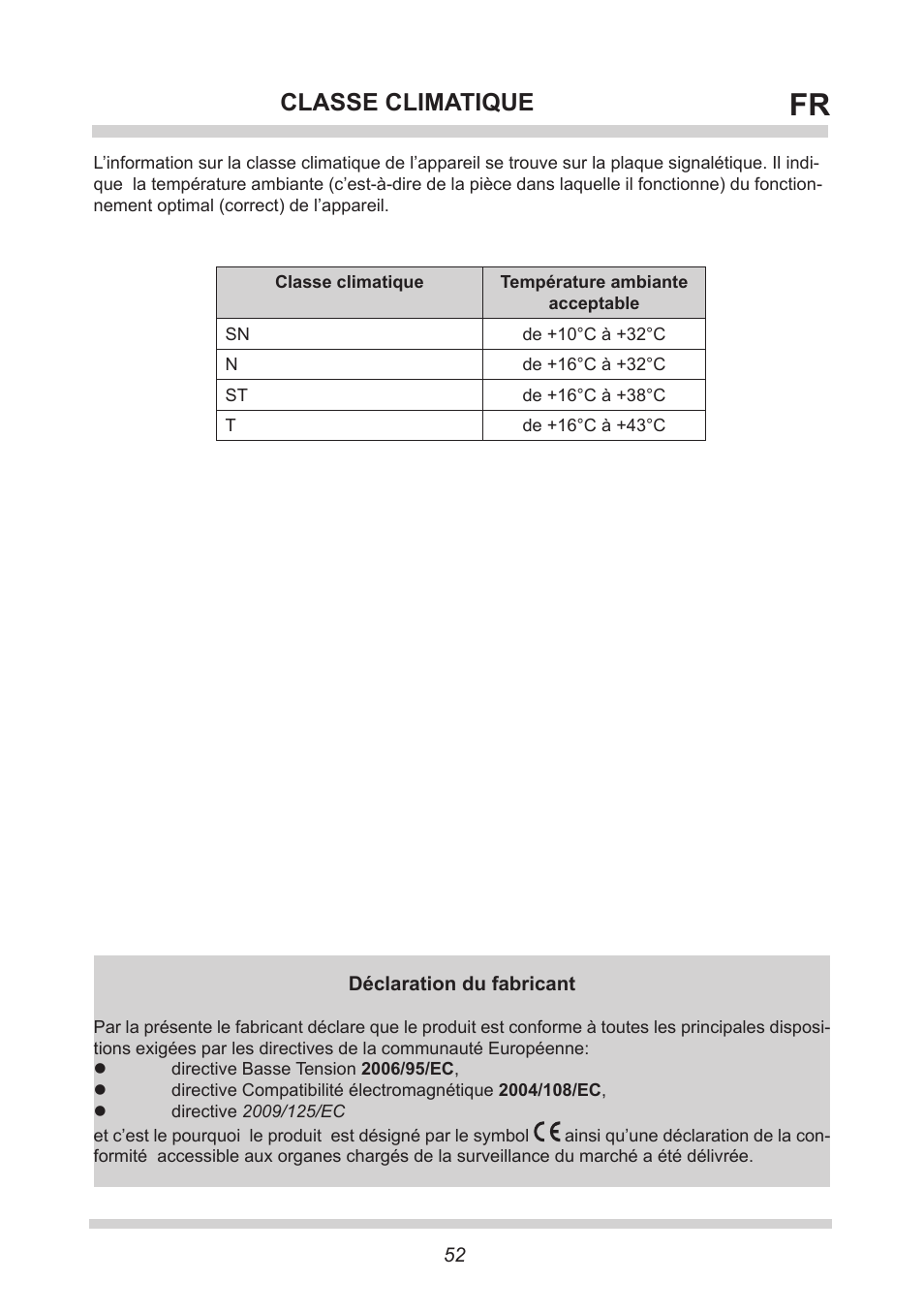 Classe climatique | AMICA BK313.3 AA / EKGC 16177 User Manual | Page 52 / 72