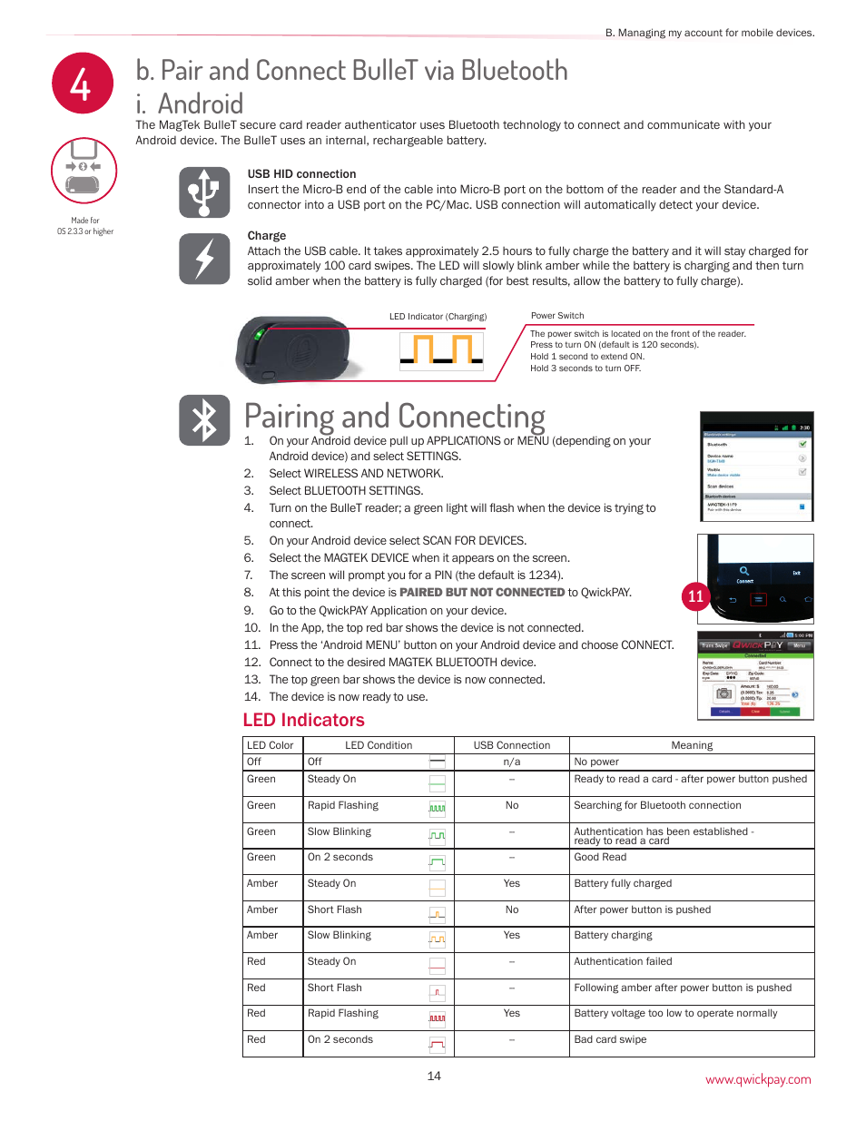 Pairing and connecting, Led indicators | MagTek QwickPAY User Manual | Page 17 / 46