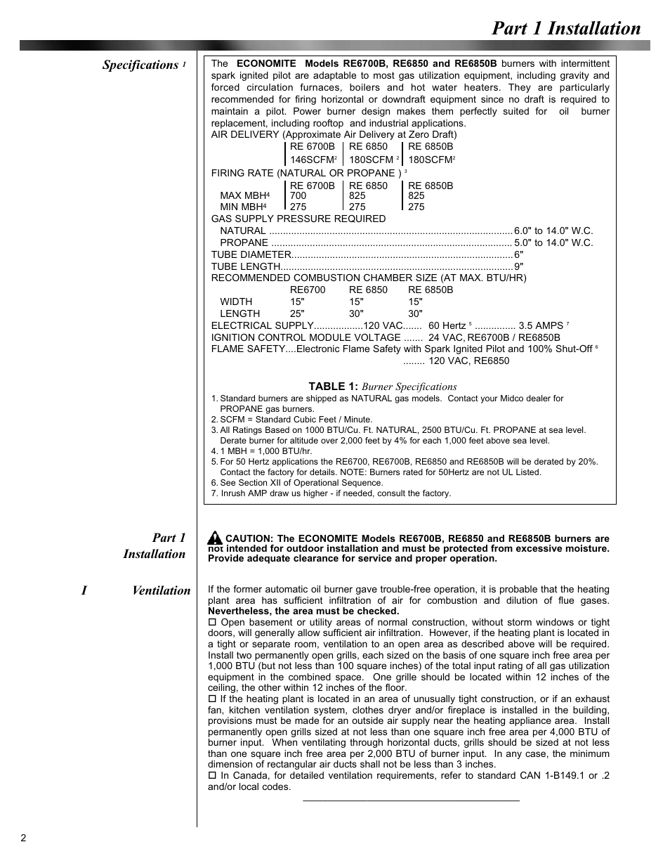 Part 1 installation, Specifications, Iventilation | Midco Economite RE6850B User Manual | Page 2 / 16