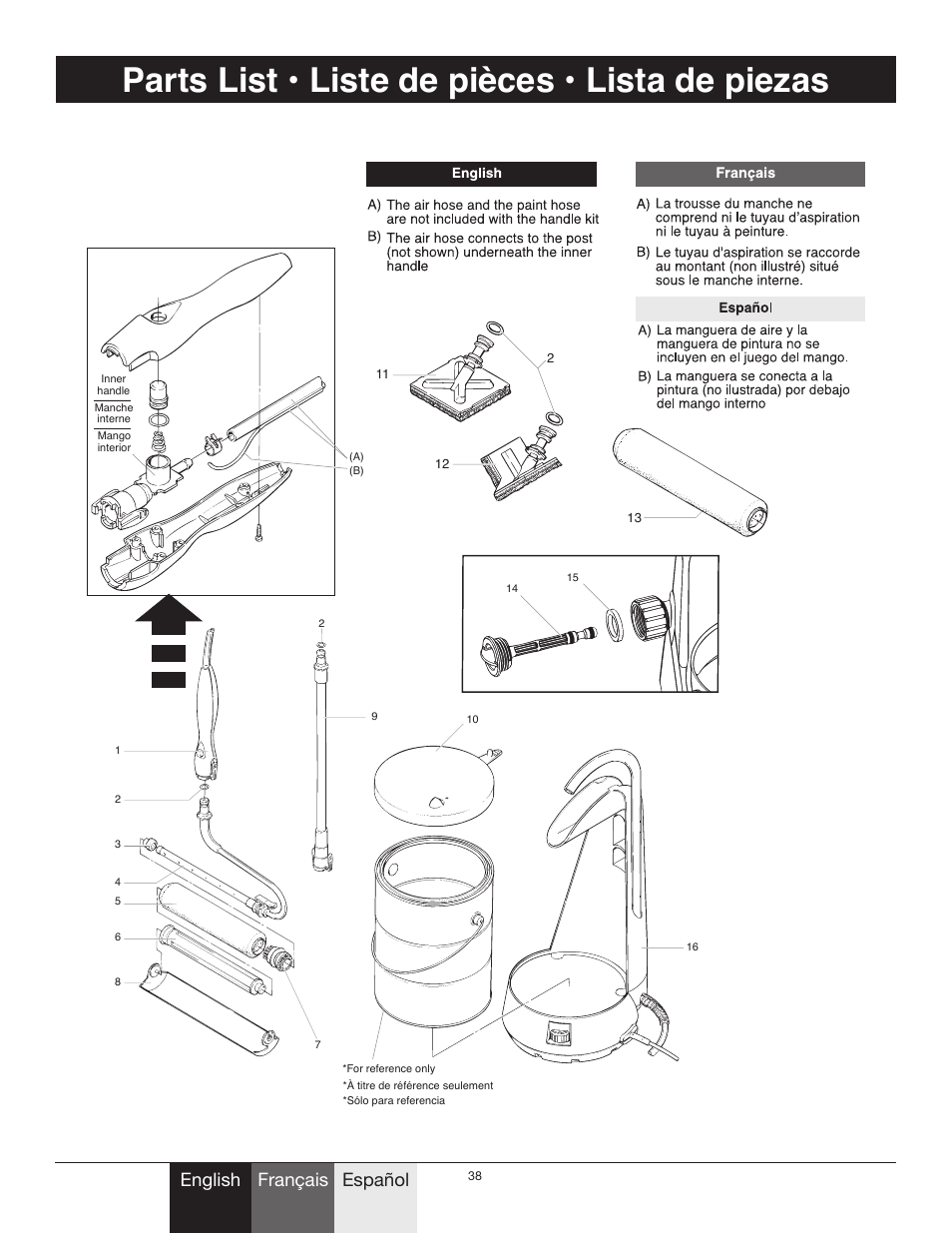 Parts list • liste de pièces • lista de piezas, English français español | Wagner Power_Roller_Max User Manual | Page 38 / 40
