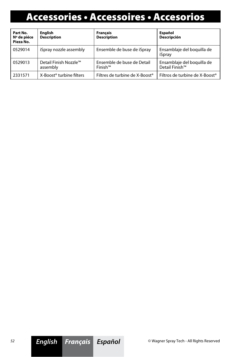 Accessories • accessoires • accesorios, Español français english | Wagner FLEXiO 590 Sprayer User Manual | Page 20 / 21