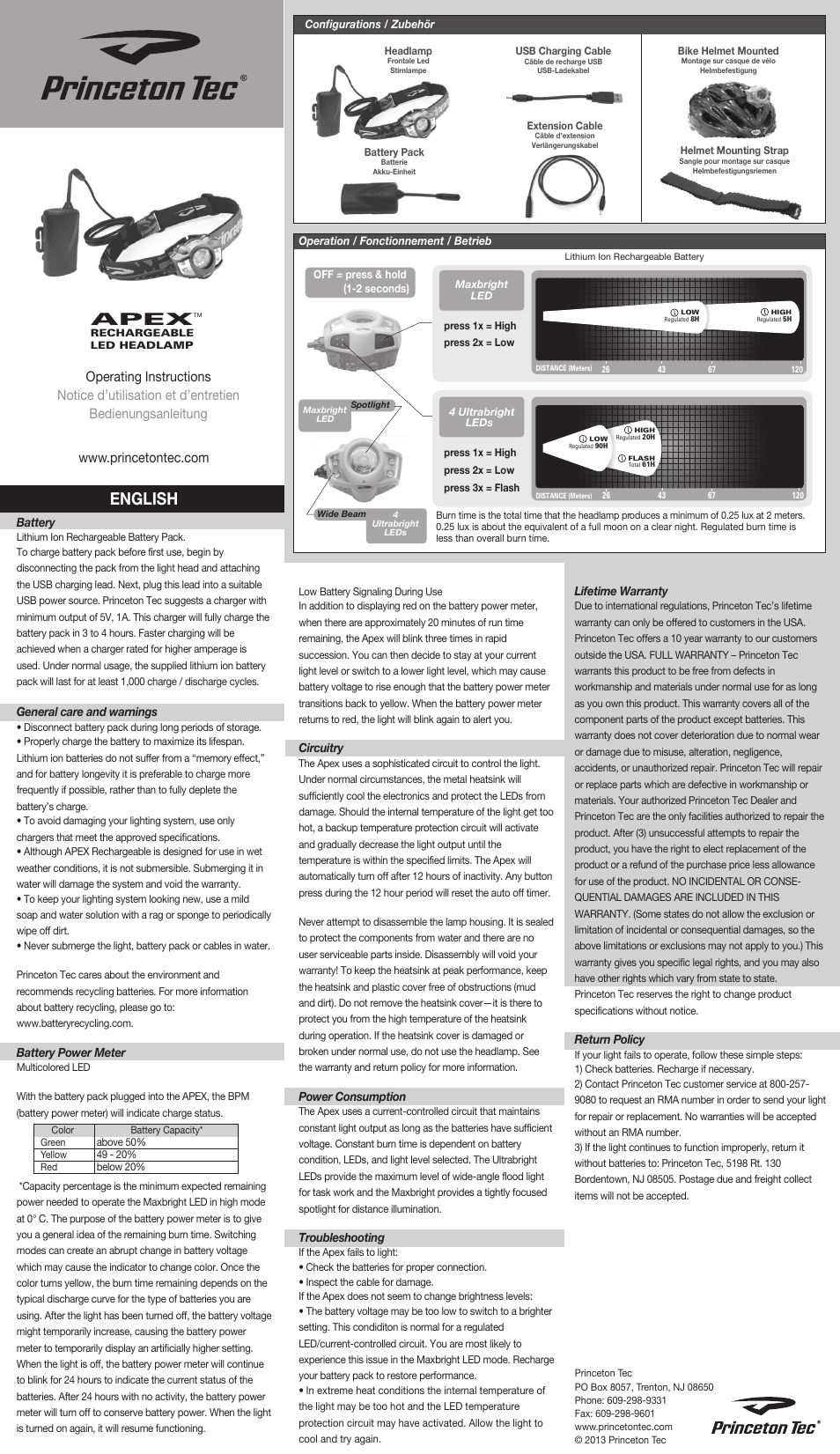 Princeton Tec APEX RECHARGEABLE User Manual | 2 pages