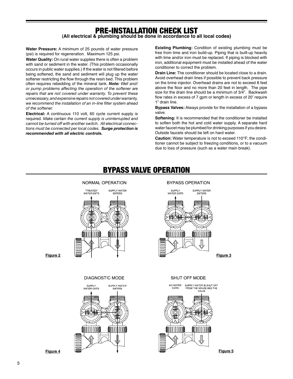 Pre-installation check list, Bypass valve operation | Hellenbrand H-125 Series User Manual | Page 5 / 40