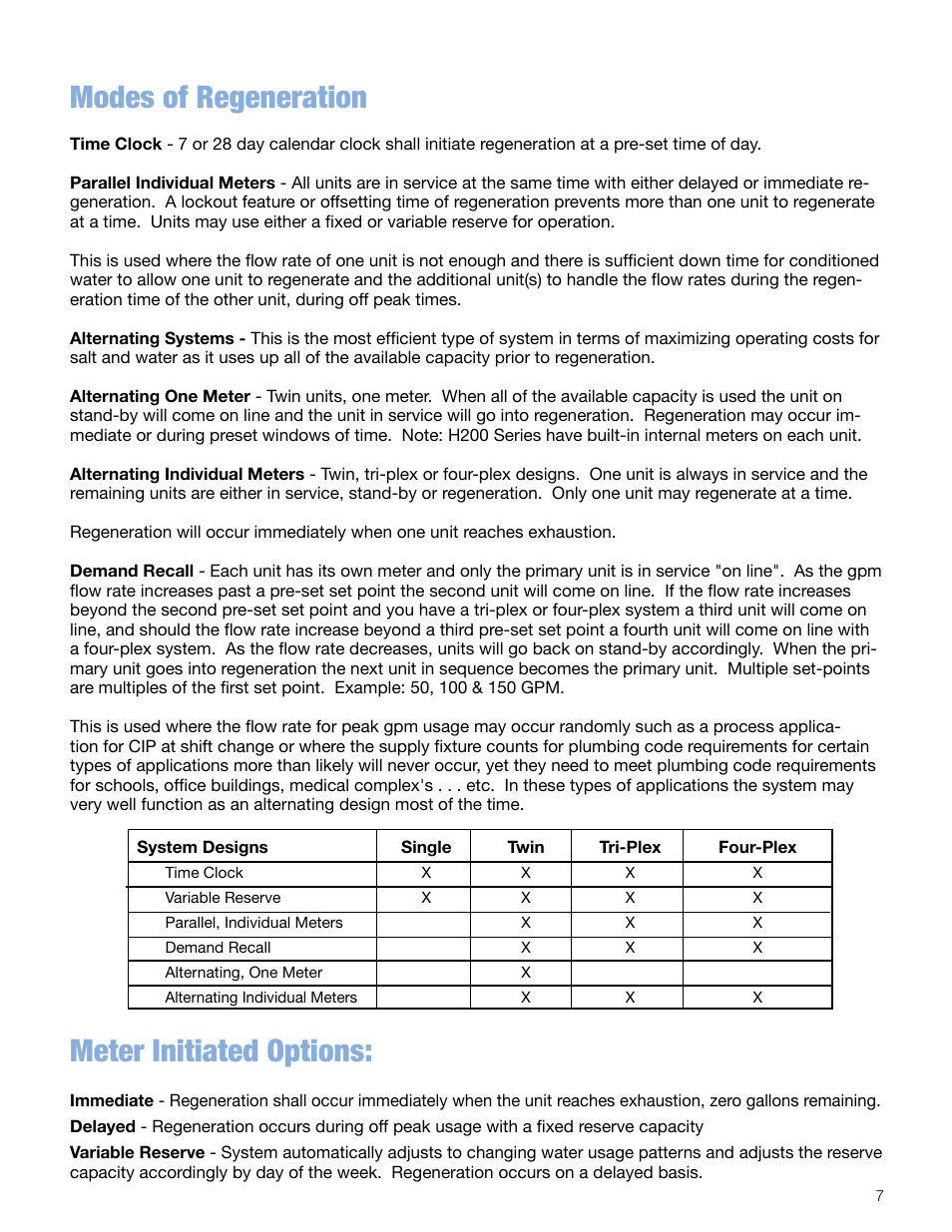 Modes of regeneration, Meter initiated options | Hellenbrand H200HF Series User Manual | Page 7 / 13