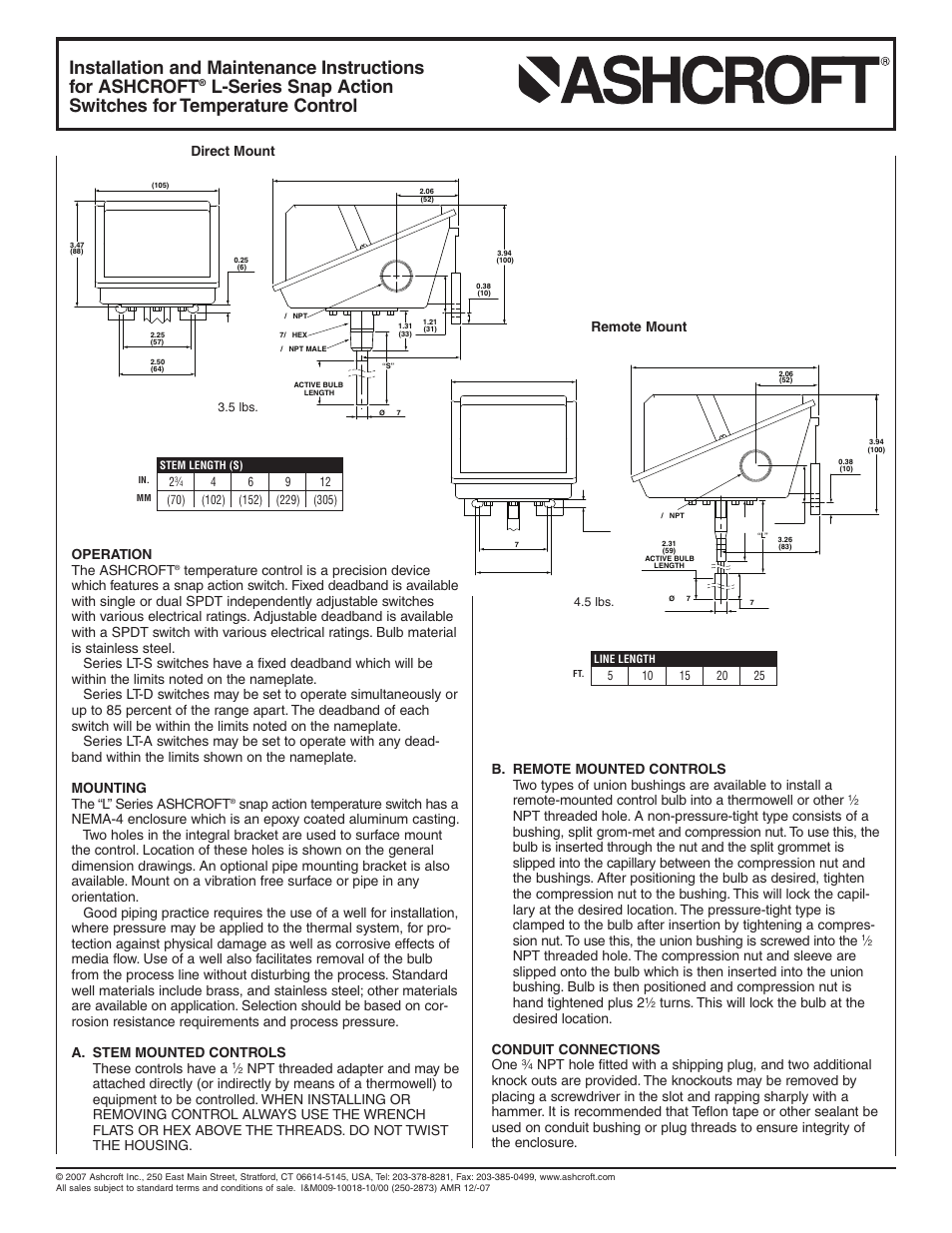 Ashcroft LT - Temperature Switches User Manual | 2 pages