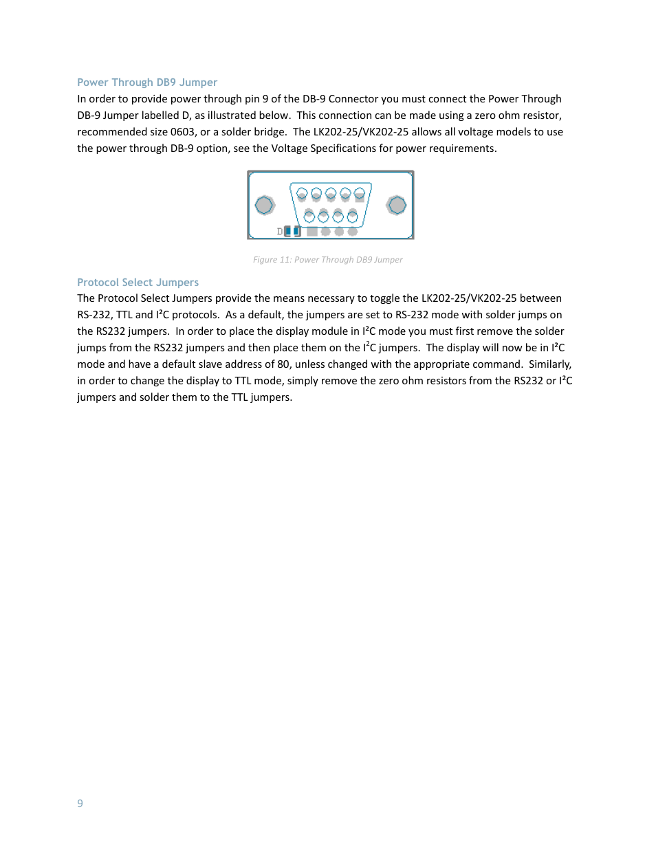 Power through db9 jumper, Protocol select jumpers | Matrix Orbital LK202-25 User Manual | Page 13 / 42