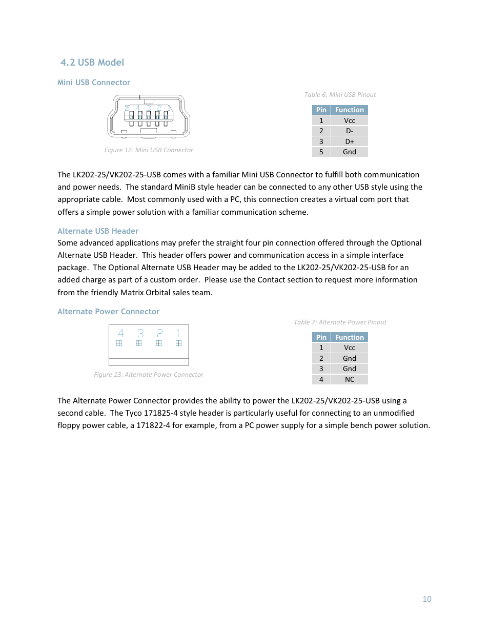2 usb model, Mini usb connector, Alternate usb header | Alternate power connector | Matrix Orbital LK202-25 User Manual | Page 14 / 42