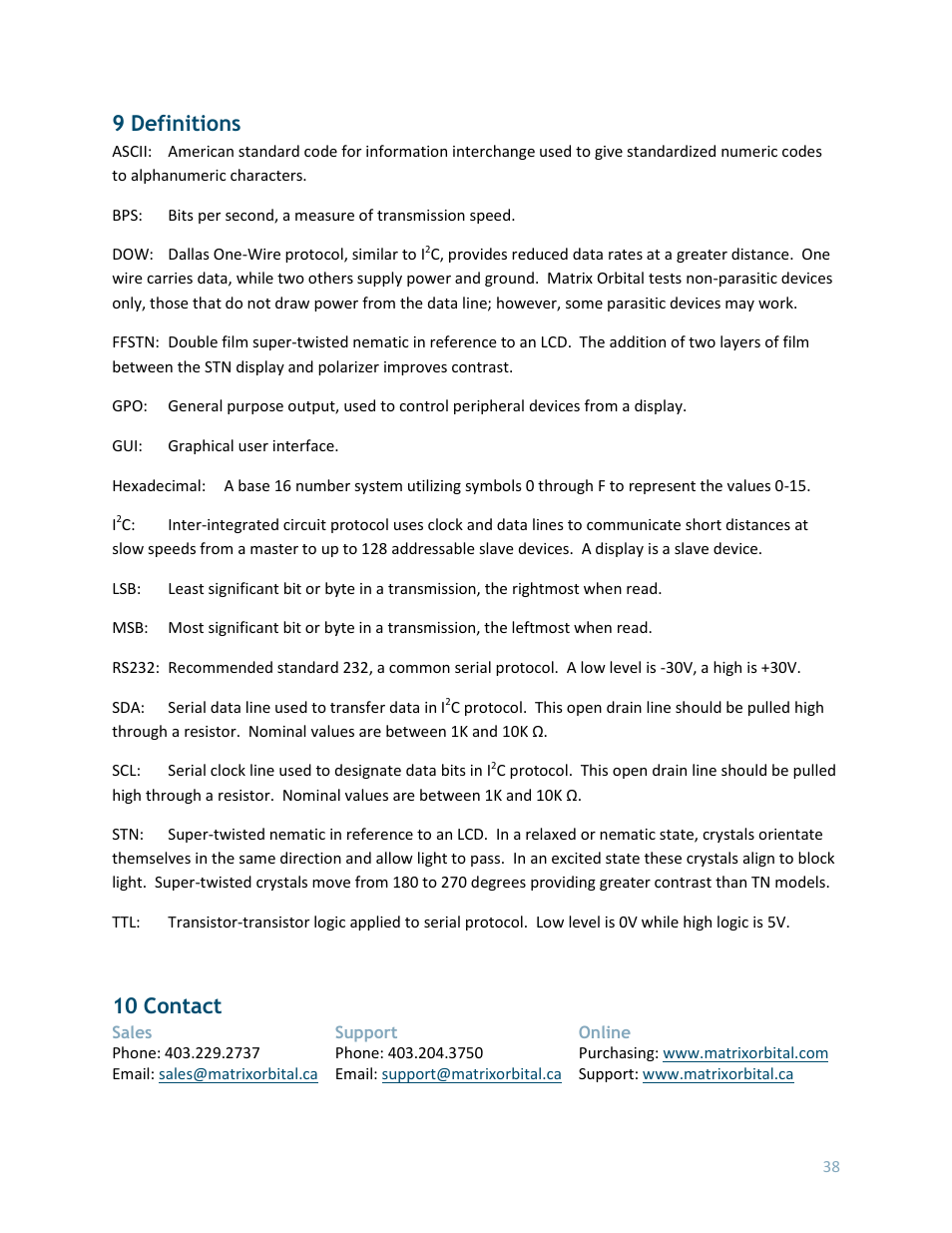 9 definitions, 10 contact | Matrix Orbital LK202-25 User Manual | Page 42 / 42