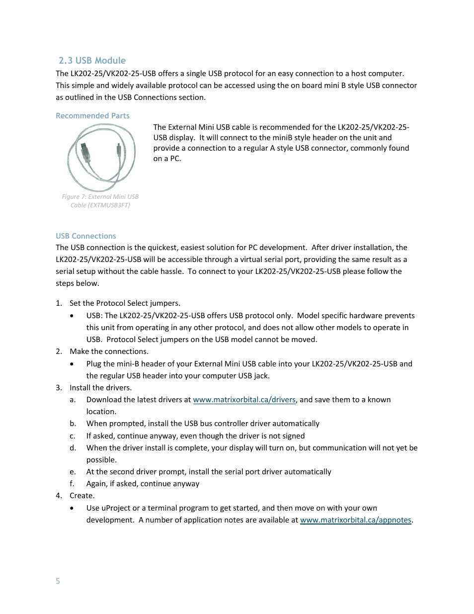 3 usb module, Recommended parts, Usb connections | Matrix Orbital LK202-25 User Manual | Page 9 / 42