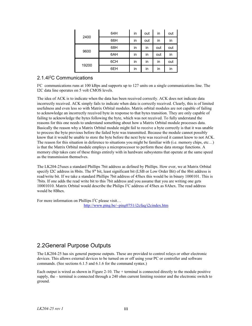 4i2c communications, 2general purpose outputs, Ion 2.2) | C communications | Matrix Orbital LK204-25 Legacy User Manual | Page 11 / 33
