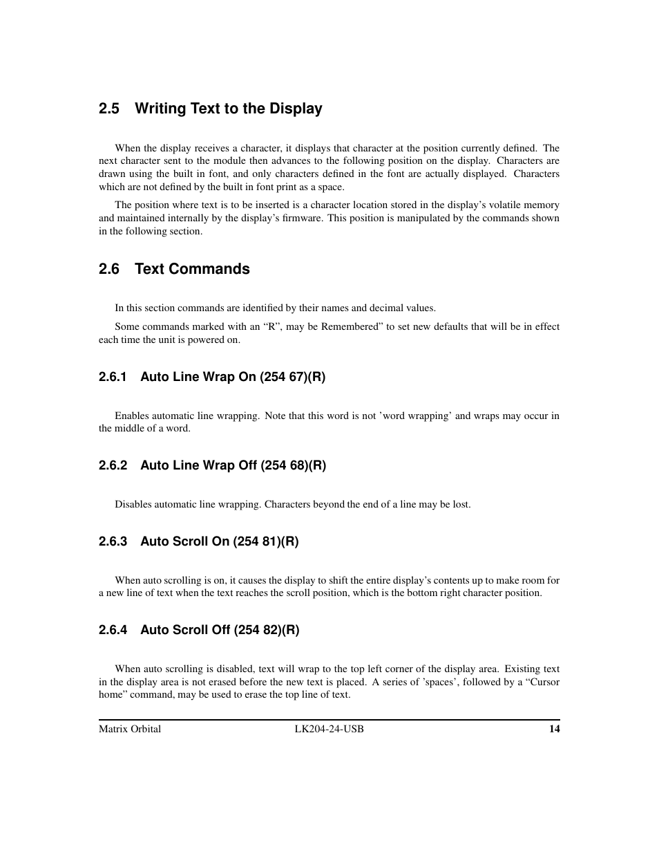 5 writing text to the display, 6 text commands | Matrix Orbital LK204-24-USB User Manual | Page 18 / 49