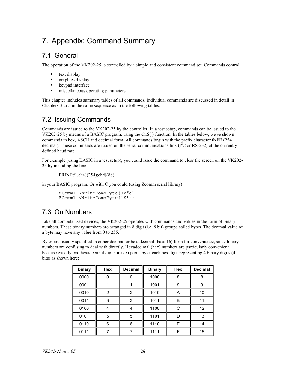 Appendix: command summary, 1 general, 2 issuing commands | 3 on numbers | Matrix Orbital VK202-25 Legacy User Manual | Page 26 / 35