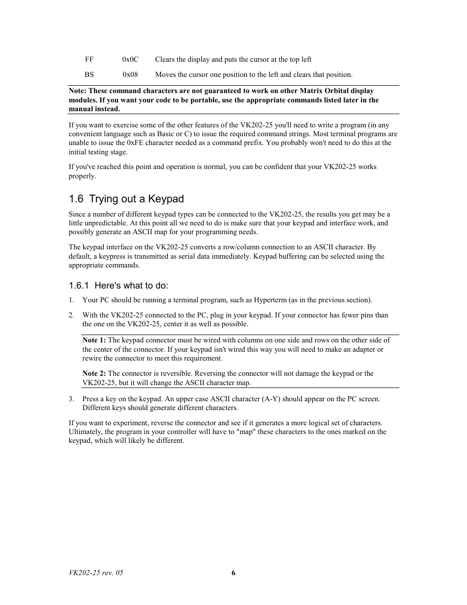 6 trying out a keypad | Matrix Orbital VK202-25 Legacy User Manual | Page 6 / 35