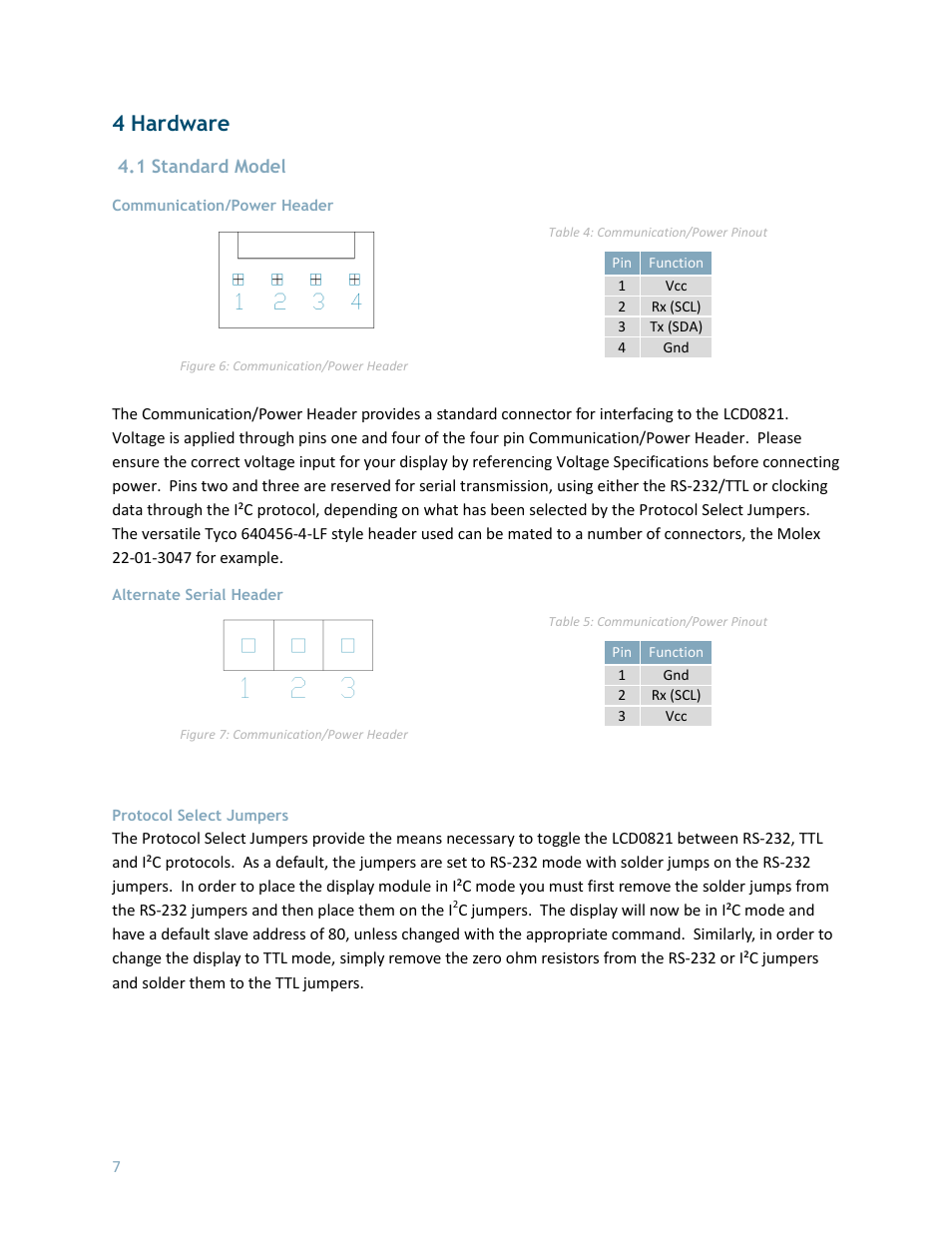 4 hardware, 1 standard model, Communication/power header | Alternate serial header, Protocol select jumpers | Matrix Orbital LCD0821 User Manual | Page 11 / 31
