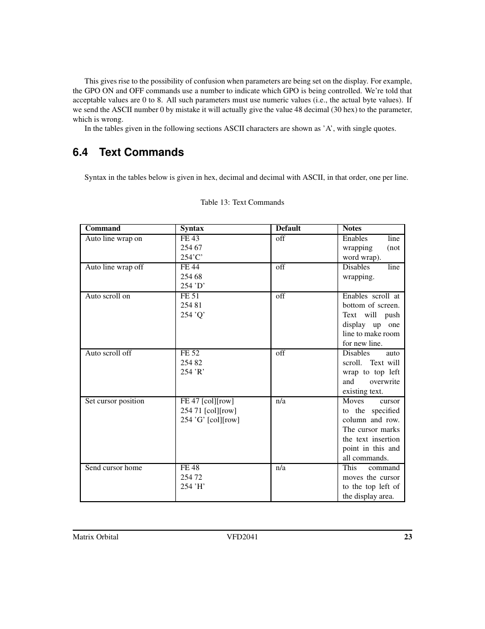 4 text commands | Matrix Orbital VFD2041 Legacy User Manual | Page 26 / 34