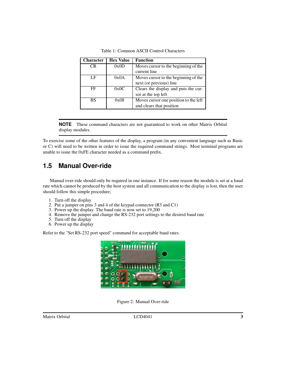 5 manual over-ride | Matrix Orbital LCD/VFD Legacy User Manual | Page 6 / 34