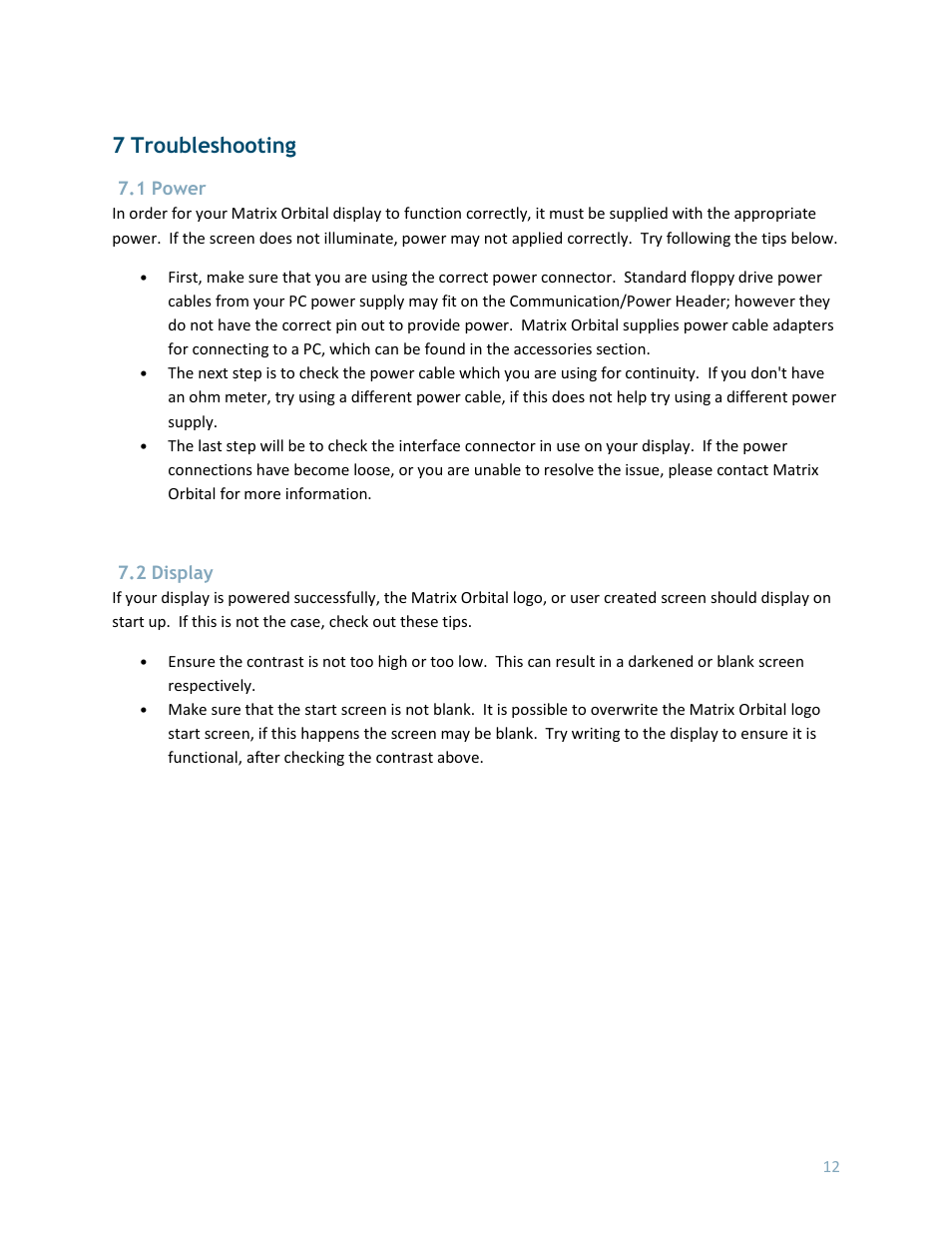 7 troubleshooting, 1 power, 2 display | Matrix Orbital MOS-AL162F User Manual | Page 12 / 27