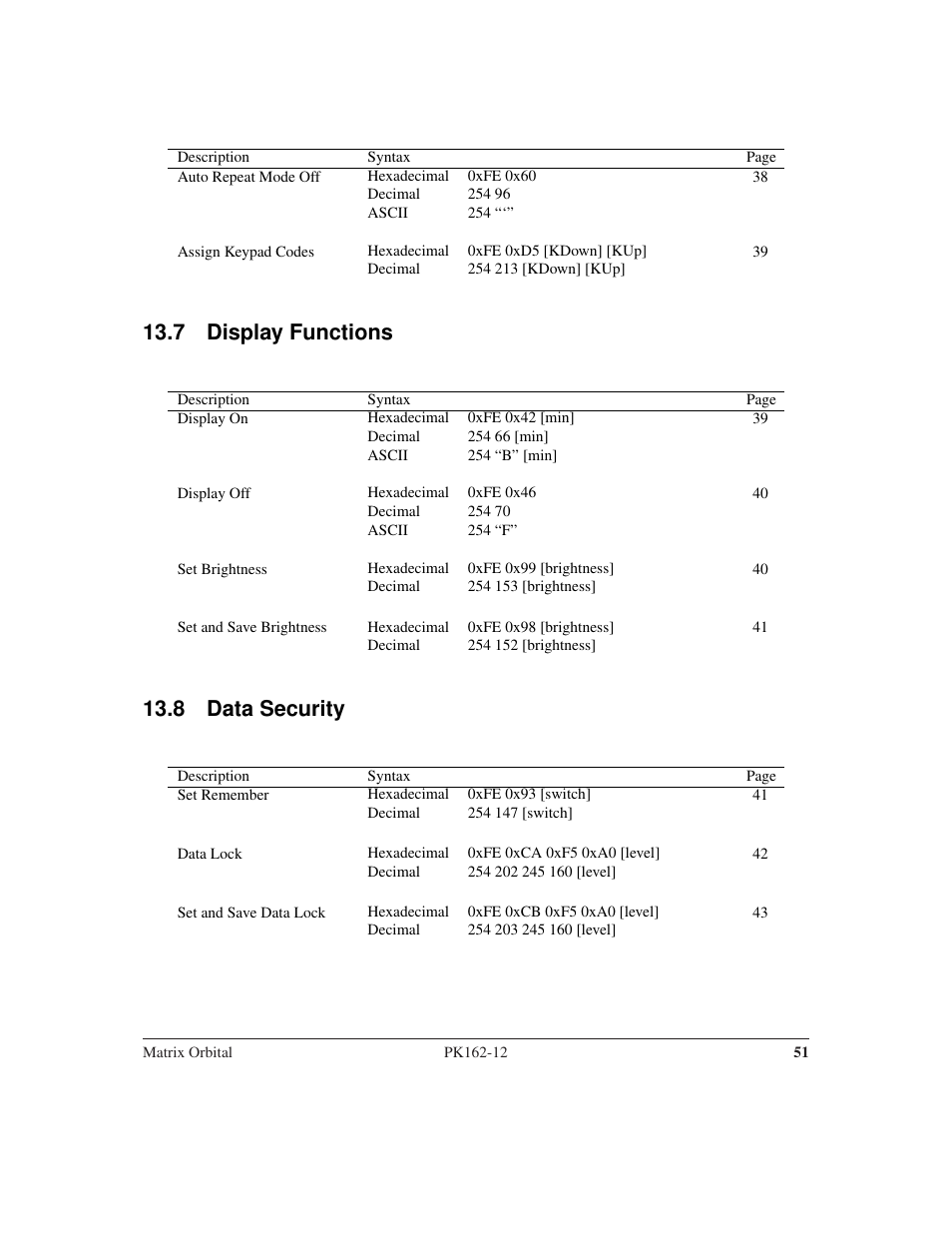 7 display functions, 8 data security | Matrix Orbital PK162-12 User Manual | Page 55 / 60