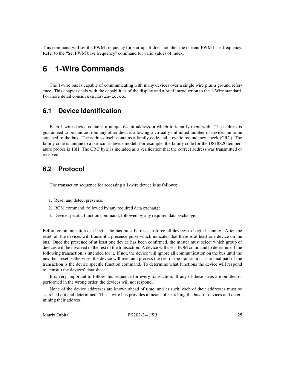 6 1-wire commands, 1 device identification, 2 protocol | Matrix Orbital PK202-24-USB User Manual | Page 29 / 48