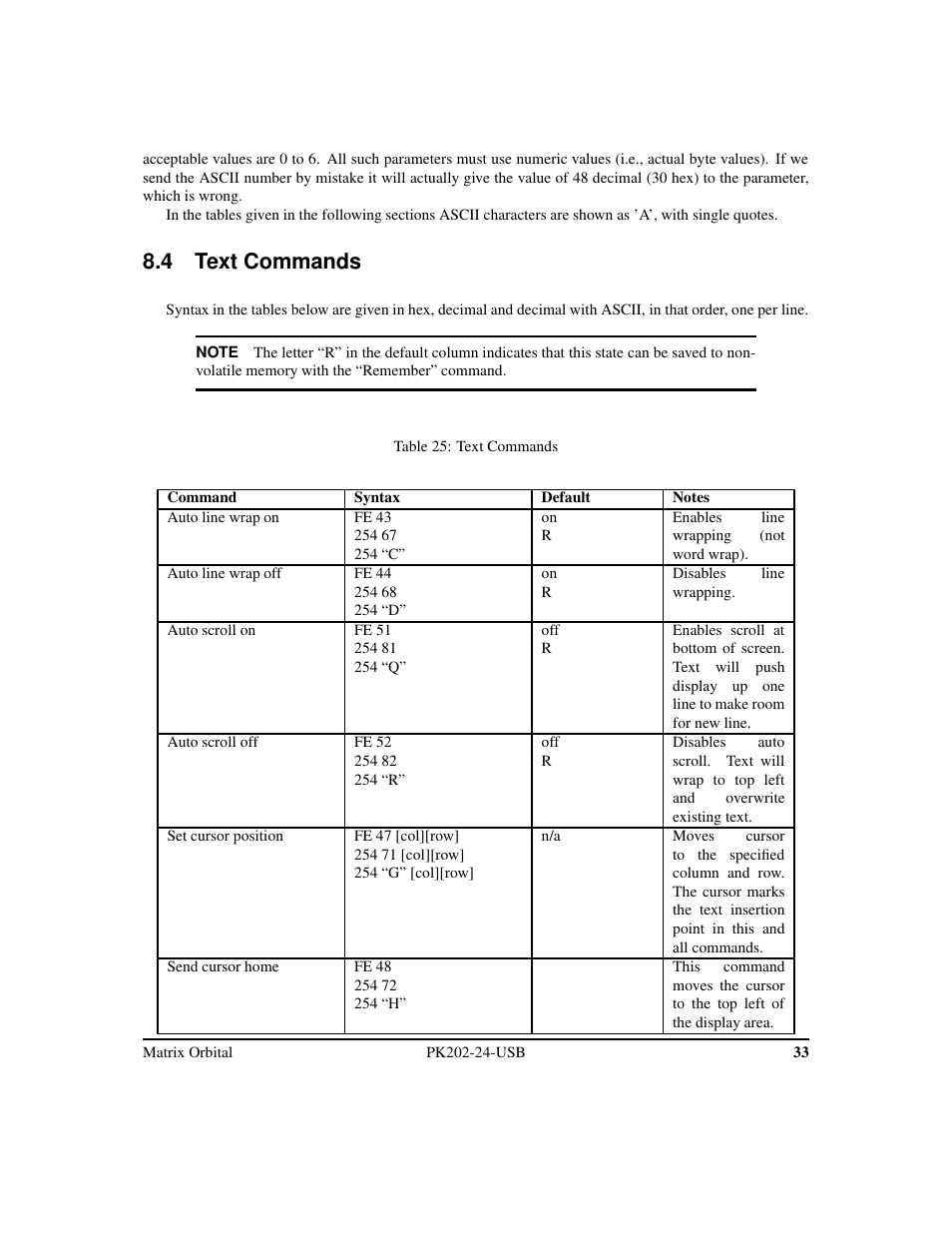 4 text commands | Matrix Orbital PK202-24-USB User Manual | Page 37 / 48