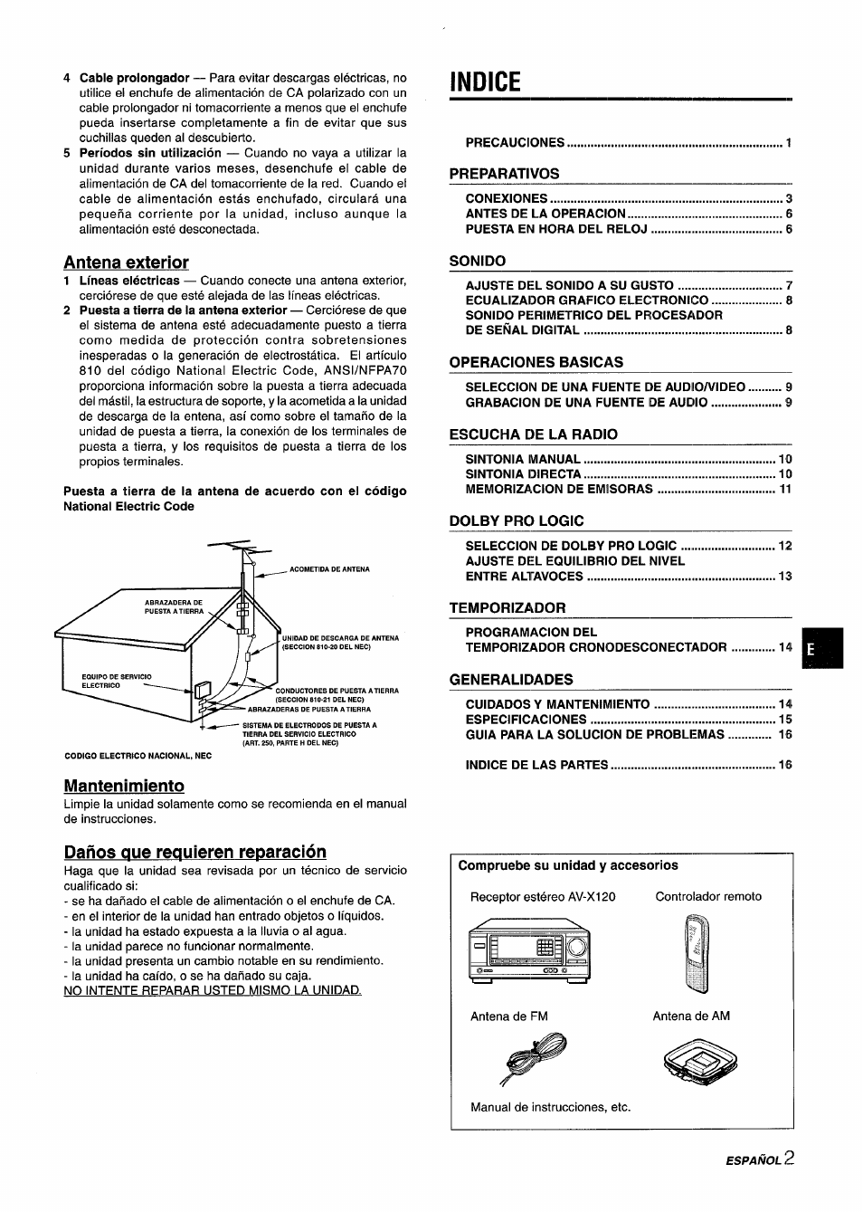 Antena exterior, Indice, Mantenimiento | Daños que requieren reparación, 1 hi o | Aiwa AV-X120 User Manual | Page 19 / 52