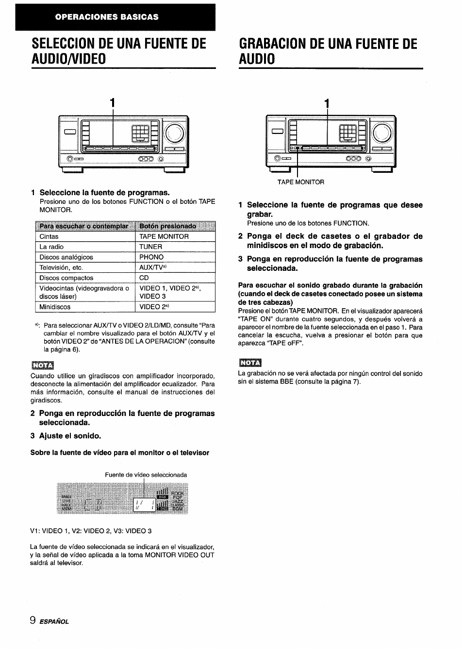 Seleccion de una fuente de audio/video, Grabacion de una fuente de audio, 1 seleccione la fuente de programas | 3 ajuste el sonido, Seleccion de una fuente de audiio/video | Aiwa AV-X120 User Manual | Page 26 / 52