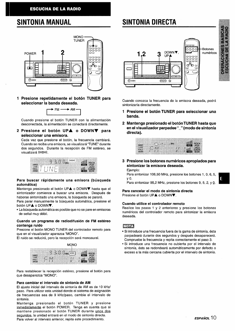 Sintonia manual, Sintonia directa, Para cancelar el modo de sintonía directa | Cuando utilice el controlador remoto, Para cambiar el intervalo de sintonía de am, Sintonia manual sintonia directa | Aiwa AV-X120 User Manual | Page 27 / 52