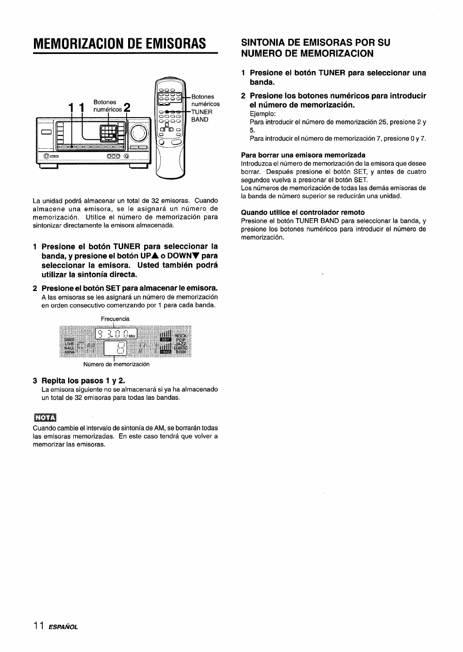 Memorizacion oe emisoras, Sintonia de emisoras por su numero de memorizacion, Para borrar una emisora memorizada | Quando utilice el controlador remoto, Memorizacion de emisoras, 3 repita los pasos 1 y 2 | Aiwa AV-X120 User Manual | Page 28 / 52